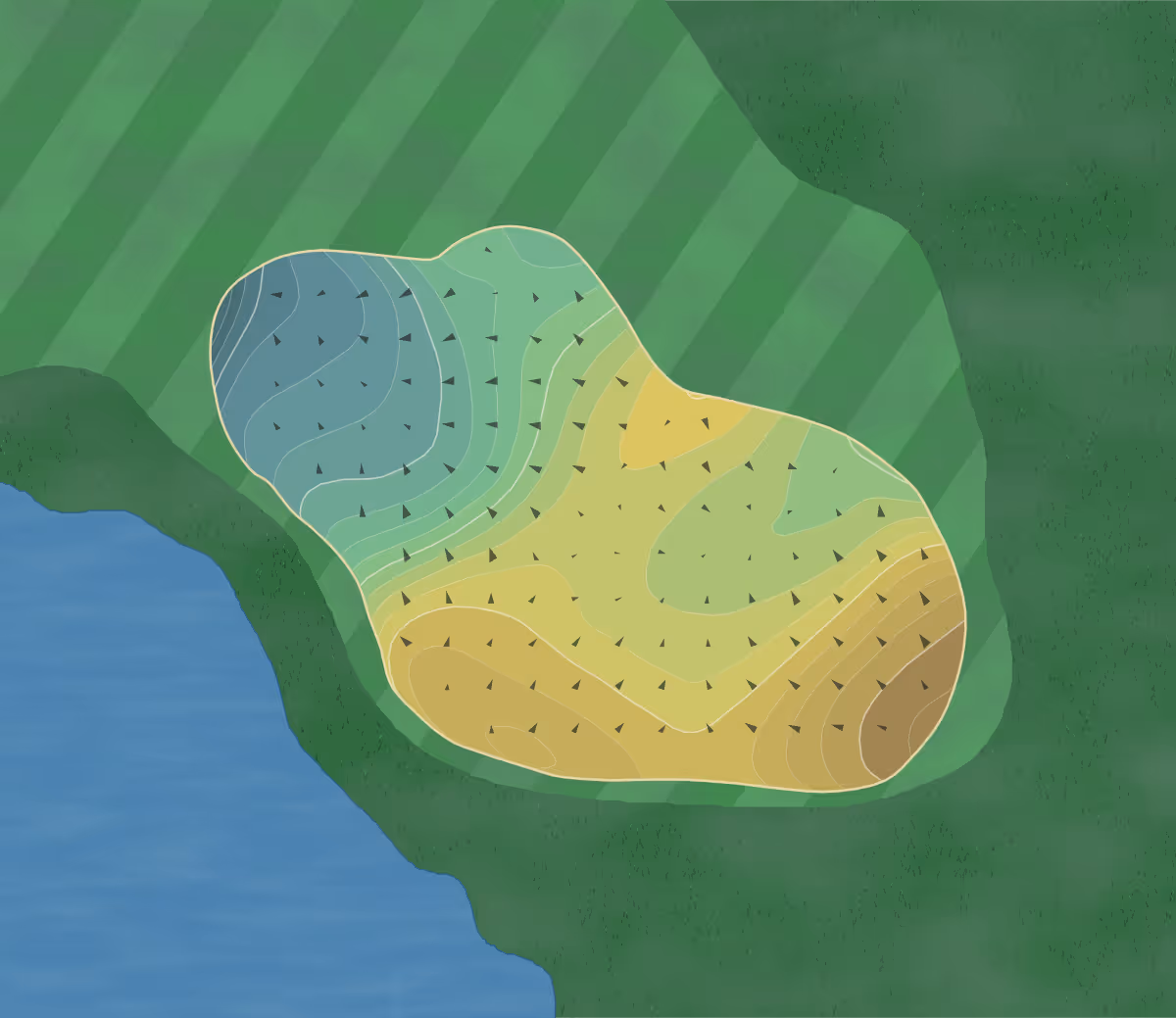 Green contour map of The Grande in Jackson, Michigan — 297 elevation contours at a 3-inch interval with fall-line arrows, traced from 1-meter lidar