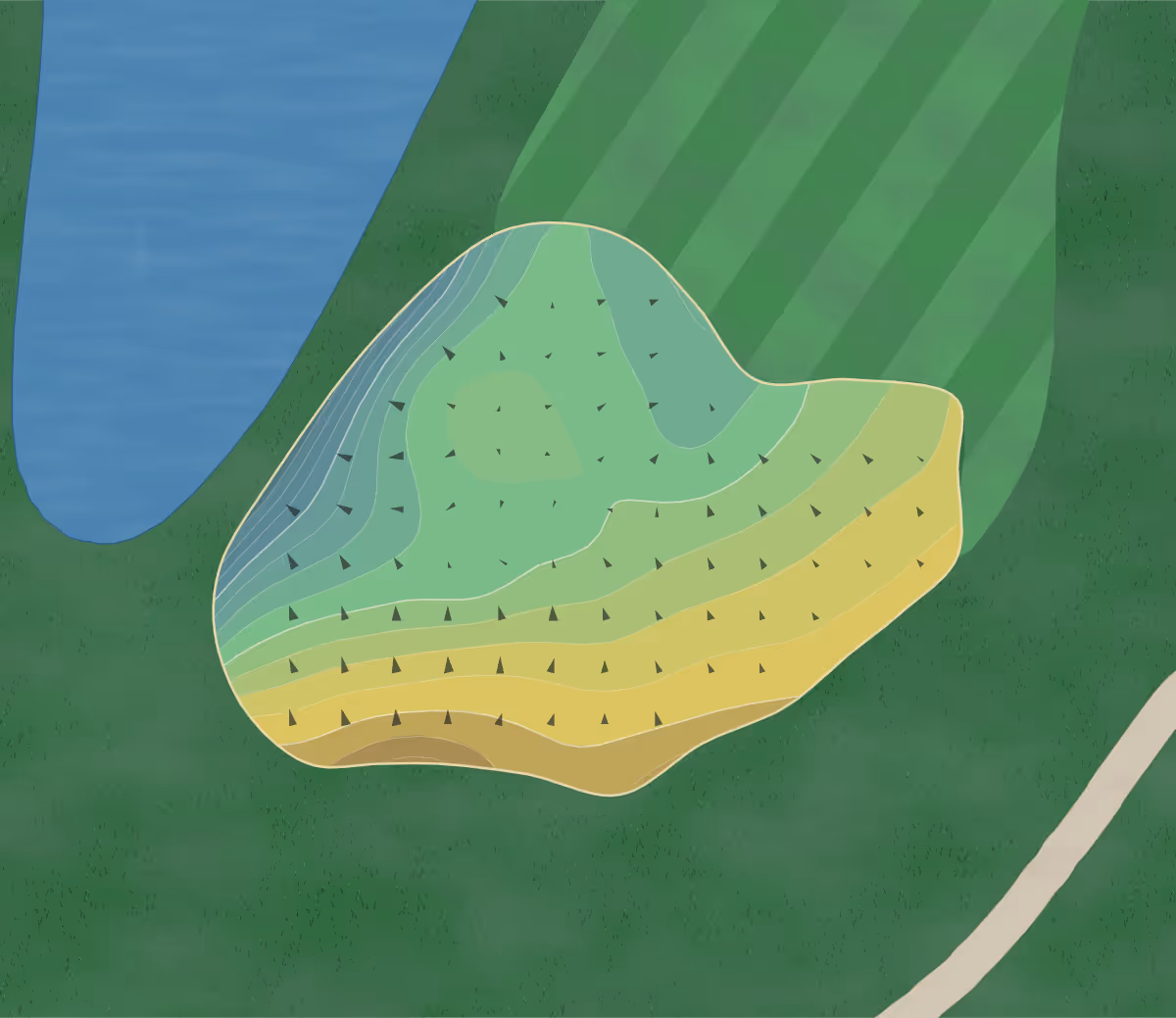 Green contour map of Grande Vista in Orlando, Florida — 94 elevation contours at a 3-inch interval with fall-line arrows, traced from 1-meter lidar