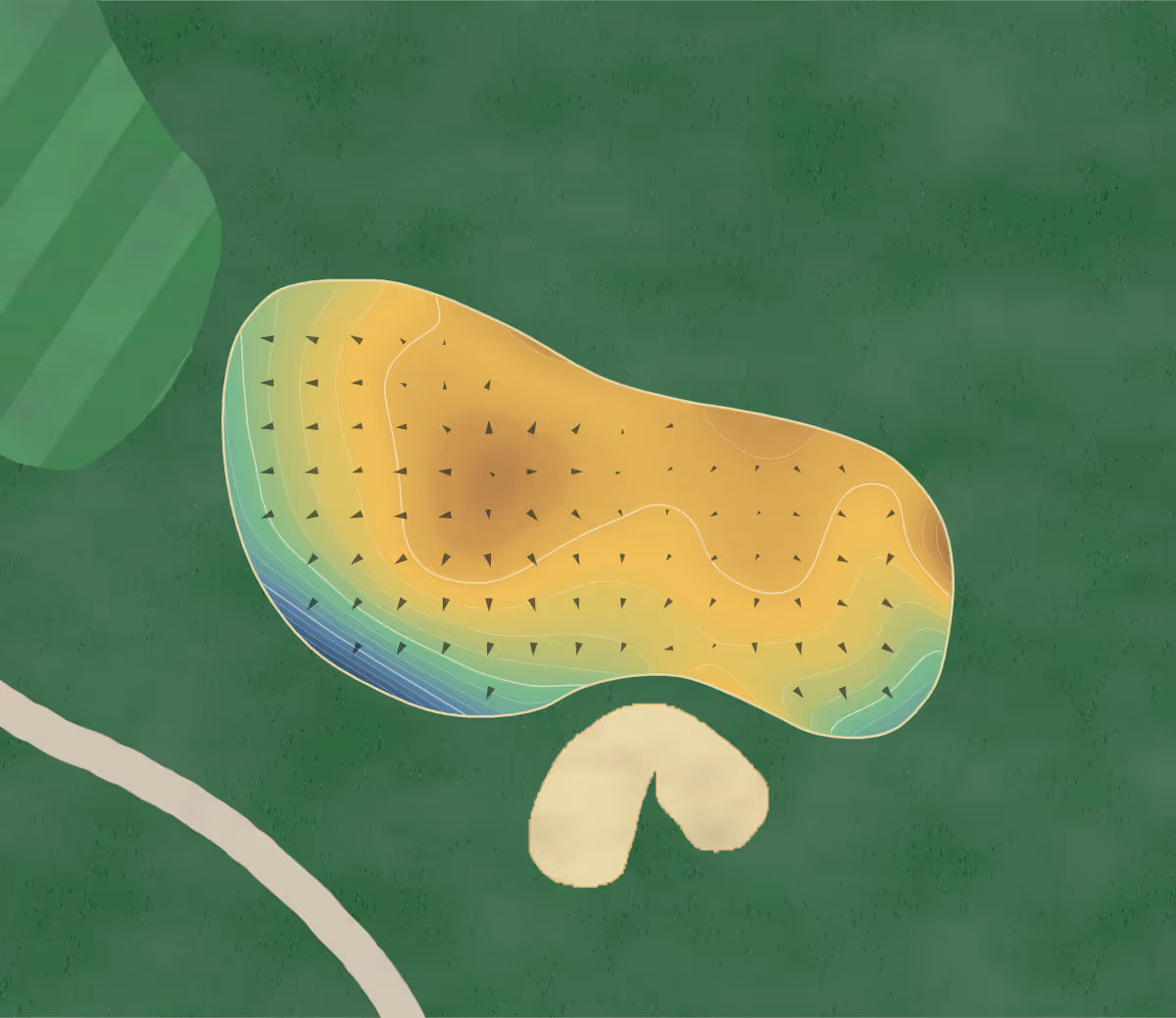 Green contour map of Grandview in Beaver Bank, Canada — 230 elevation contours at a 8-centimeter interval with fall-line arrows, traced from 1-meter lidar