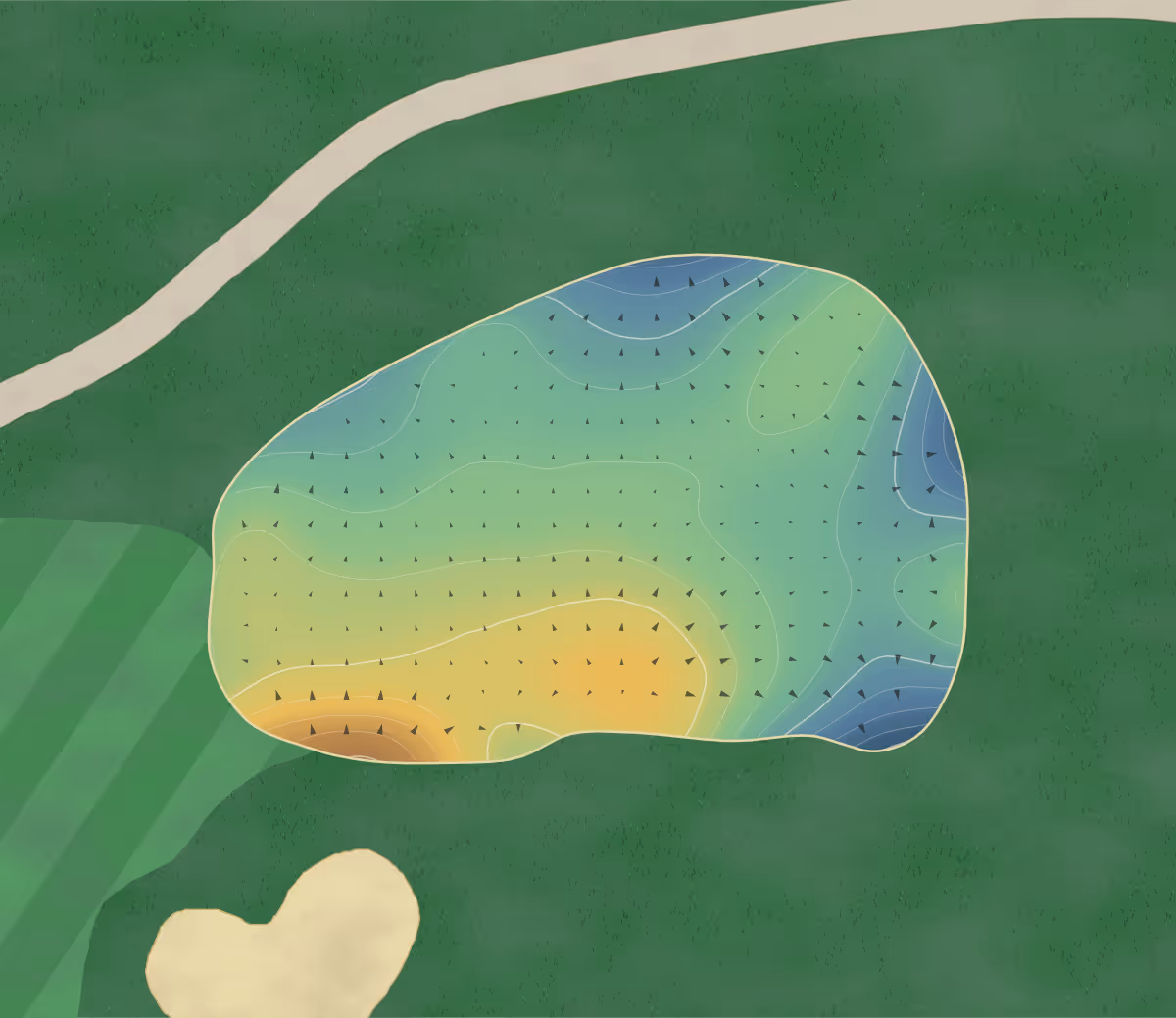 Green contour map of Grange Castle in Clondalkin, Ireland: 205 elevation contours at a 8-centimeter interval with fall-line arrows, traced from 1-meter lidar