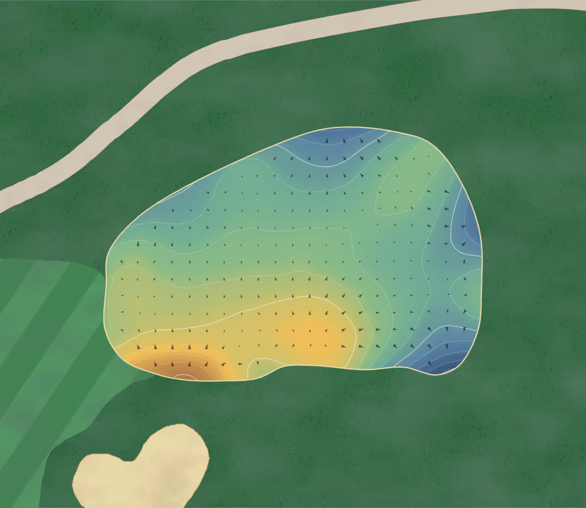 Green contour map of Grange Castle in Clondalkin, Ireland — 208 elevation contours at a 8-centimeter interval with fall-line arrows, traced from 1-meter lidar