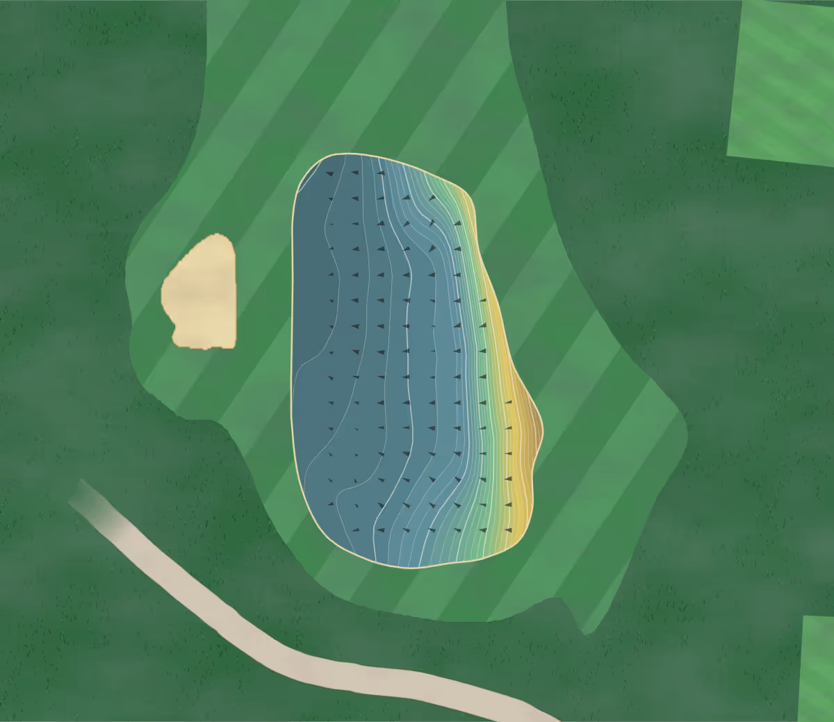 Green contour map of Grange Fell in Grange-over-Sands, England — 158 elevation contours at a 8-centimeter interval with fall-line arrows, traced from 1-meter lidar