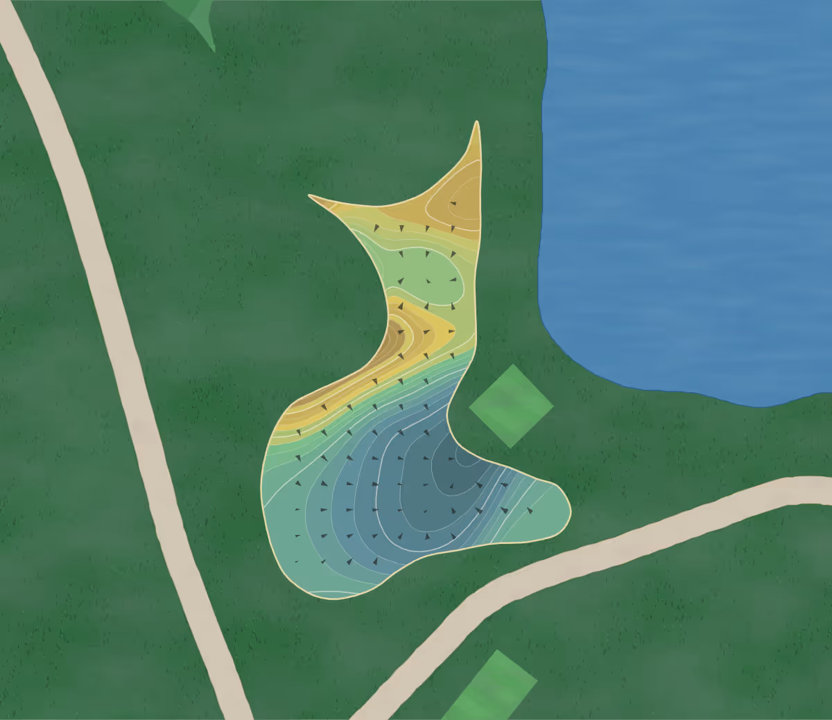 Green contour map of Granite Bay in Granite Bay, California — 235 elevation contours at a 3-inch interval with fall-line arrows, traced from 1-meter lidar