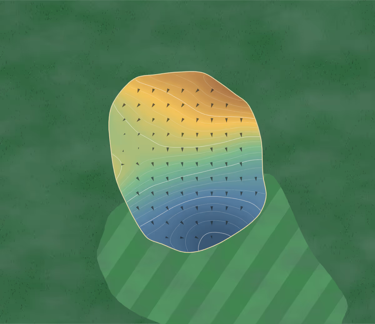 Green contour map of Granite Golf Club in Stouffville, Canada — 185 elevation contours at a 8-centimeter interval with fall-line arrows, traced from 1-meter lidar