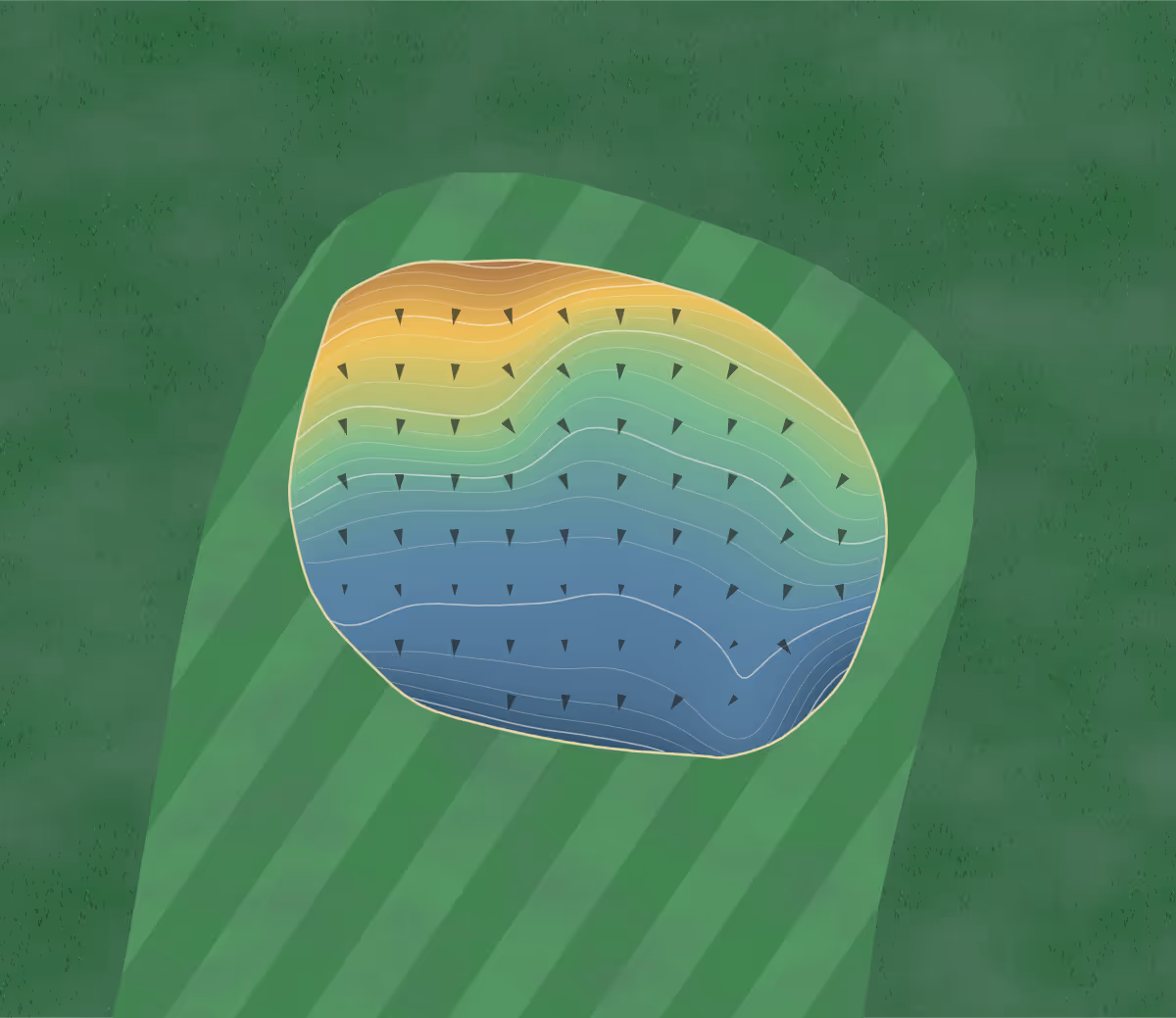 Green contour map of Granliden in New London, New Hampshire — 148 elevation contours at a 3-inch interval with fall-line arrows, traced from 1-meter lidar