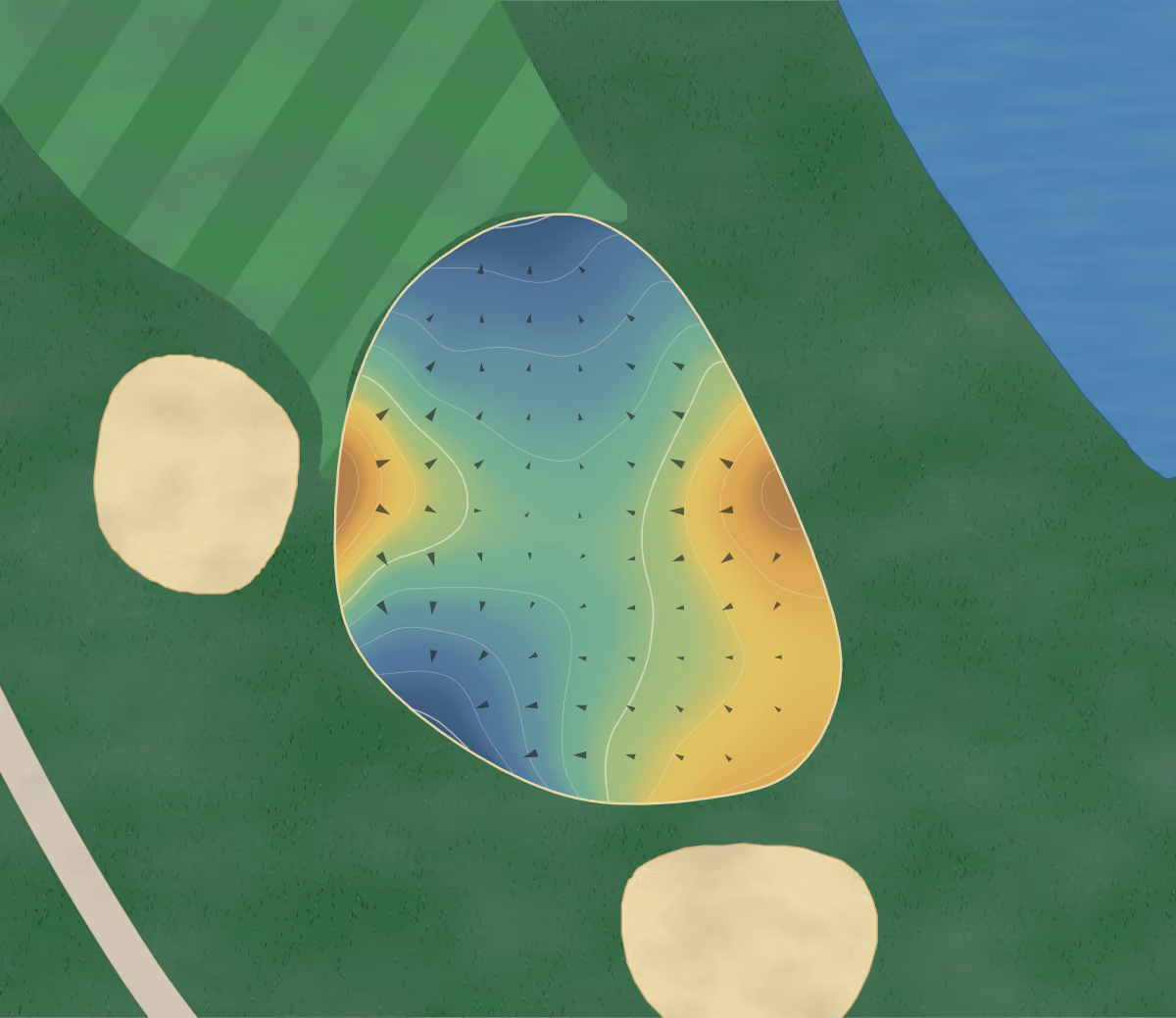 Green contour map of Grasslands in Gallatin, Tennessee: 101 elevation contours at a 3-inch interval with fall-line arrows, traced from 1-meter lidar