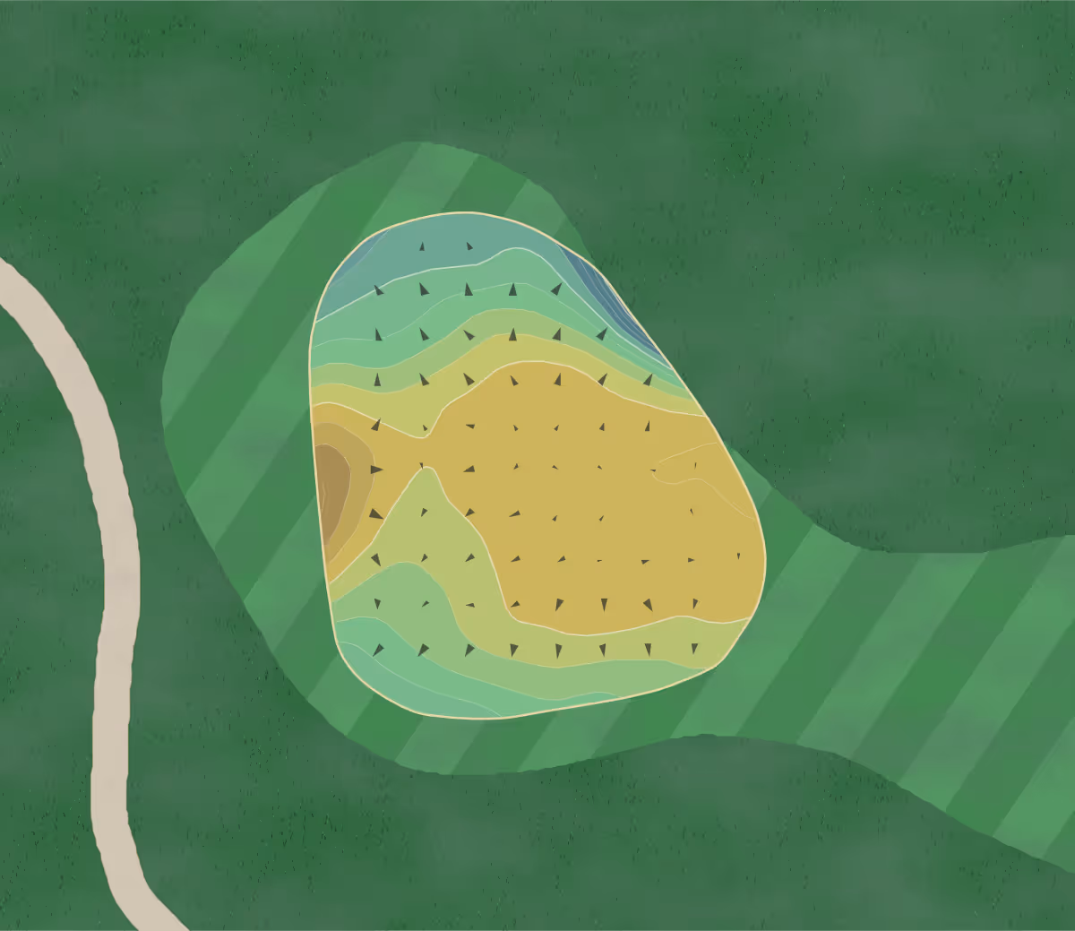 Green contour map of Grassmere CC in Enfield, Connecticut — 118 elevation contours at a 3-inch interval with fall-line arrows, traced from 1-meter lidar
