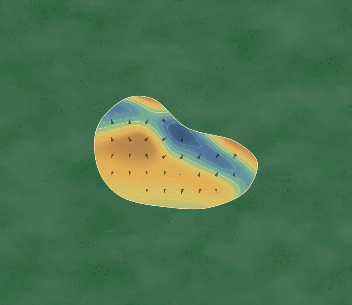 Green contour map of Great Chart in Ashford, England — 46 elevation contours at a 8-centimeter interval with fall-line arrows, traced from 1-meter lidar