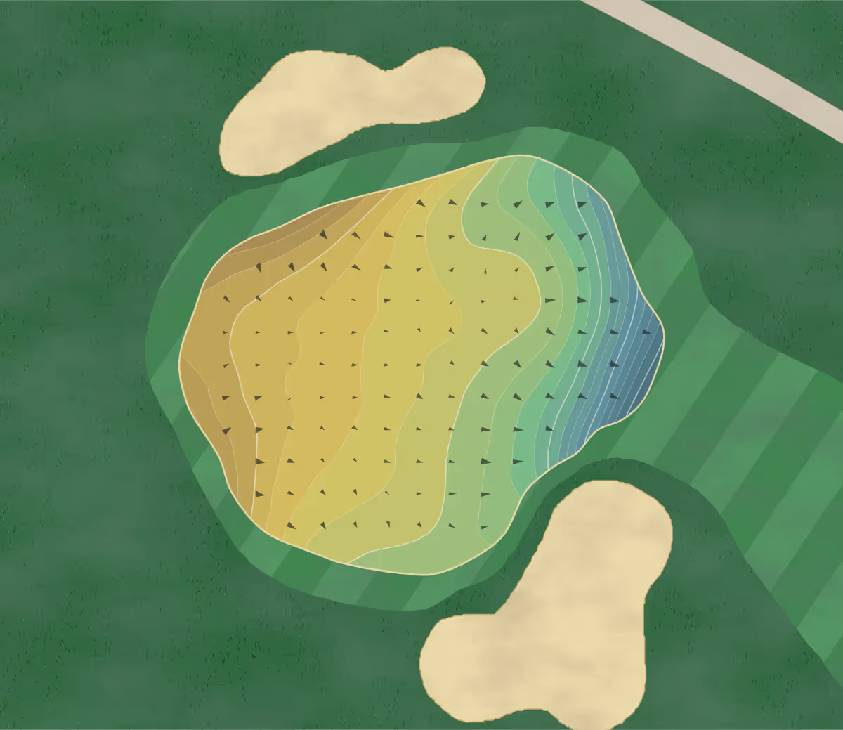Green contour map of Great Oaks in Rochester, Michigan — 283 elevation contours at a 3-inch interval with fall-line arrows, traced from 1-meter lidar