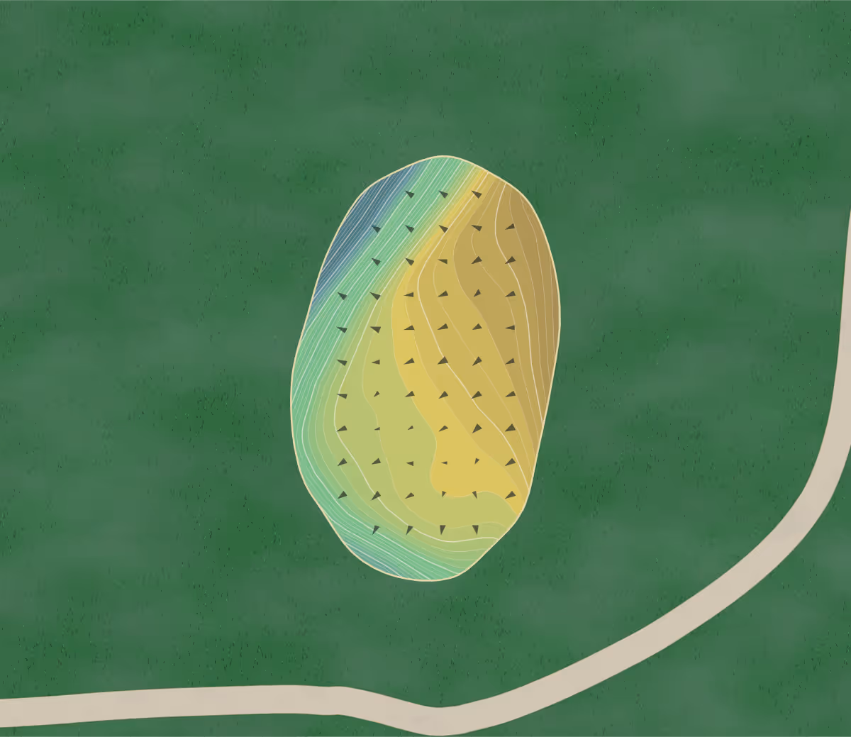 Green contour map of Great River Road Golf Club in Nauvoo, Illinois — 230 elevation contours at a 3-inch interval with fall-line arrows, traced from 1-meter lidar