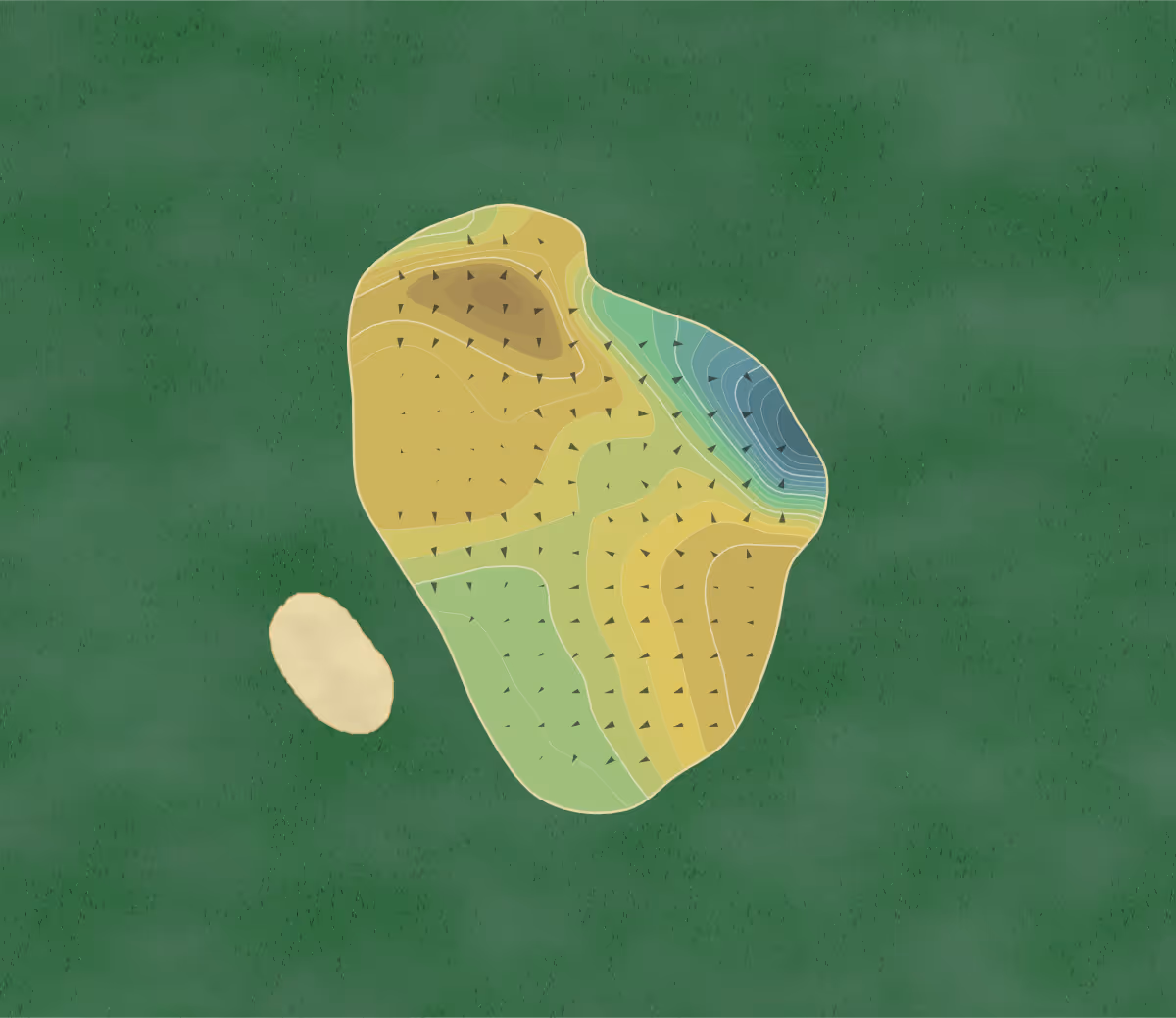 Green contour map of Great Yarmouth in Caister-on-Sea, England — 223 elevation contours at a 8-centimeter interval with fall-line arrows, traced from 1-meter lidar