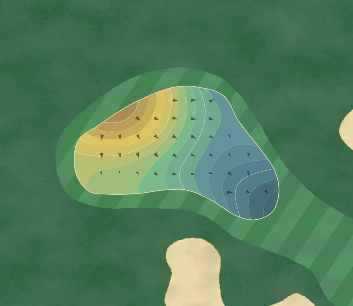 Green contour map of Greatwood Gc in Sugar Land, Texas — 165 elevation contours at a 3-inch interval with fall-line arrows, traced from 1-meter lidar