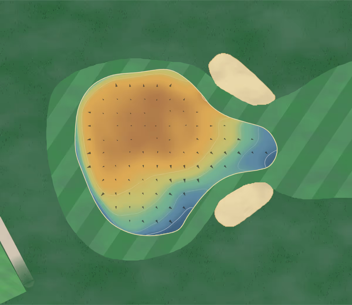 Green contour map of Green Acres in Gore, New Zealand — 102 elevation contours at a 8-centimeter interval with fall-line arrows, traced from 1-meter lidar