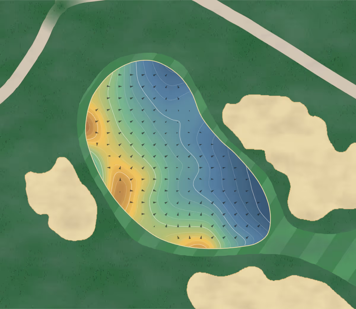 Green contour map of Green Gables in North Rustico, Canada: 233 elevation contours at a 8-centimeter interval with fall-line arrows, traced from 1-meter lidar