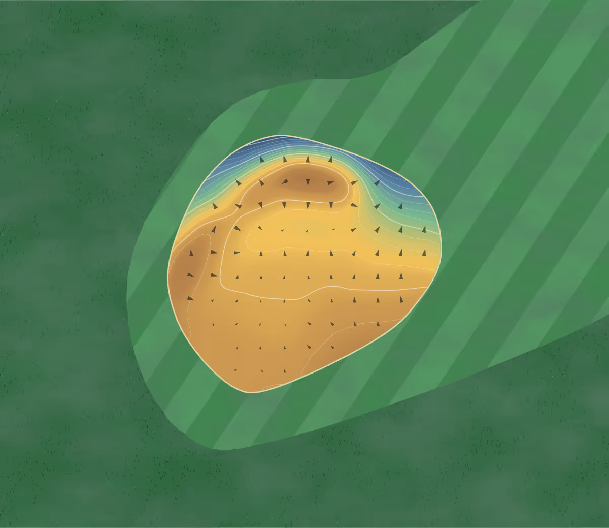 Green contour map of Green Haworth in Accrington, England: 90 elevation contours at a 8-centimeter interval with fall-line arrows, traced from 1-meter lidar