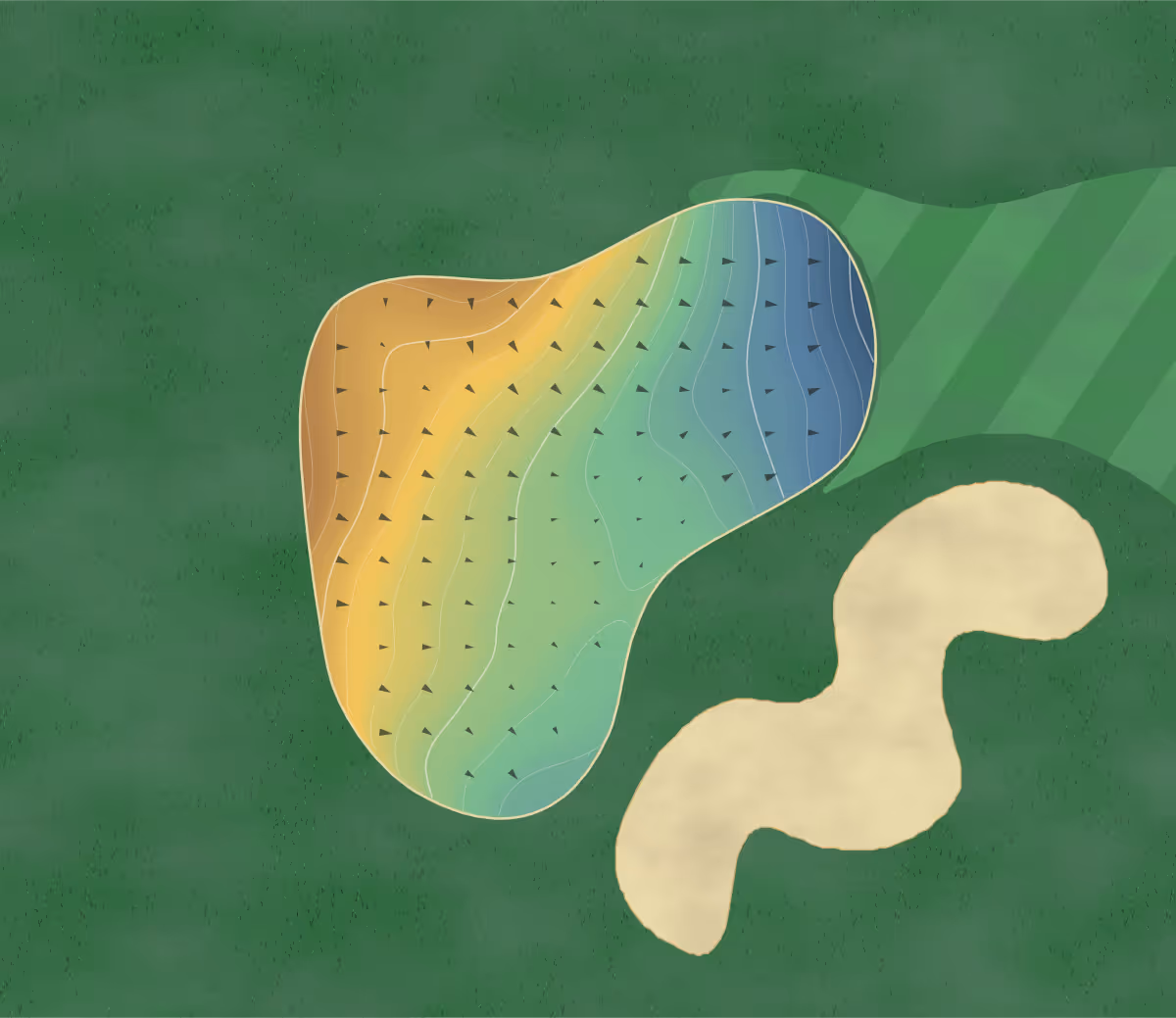 Green contour map of Green Hills in Lathrop, Missouri: 161 elevation contours at a 3-inch interval with fall-line arrows, traced from 1-meter lidar