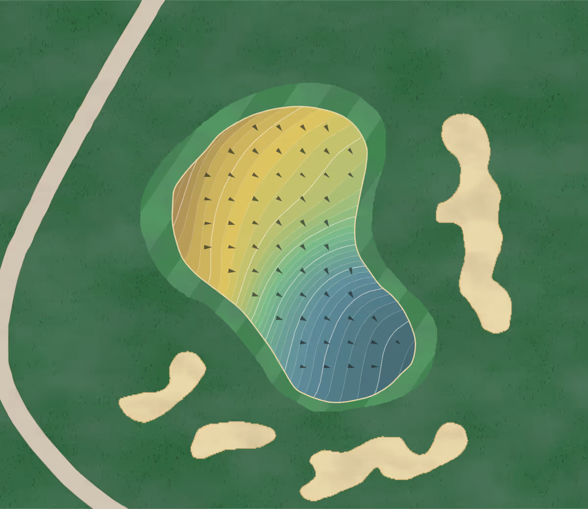 Green contour map of Green Hills in Millbrae, California — 307 elevation contours at a 3-inch interval with fall-line arrows, traced from 1-meter lidar