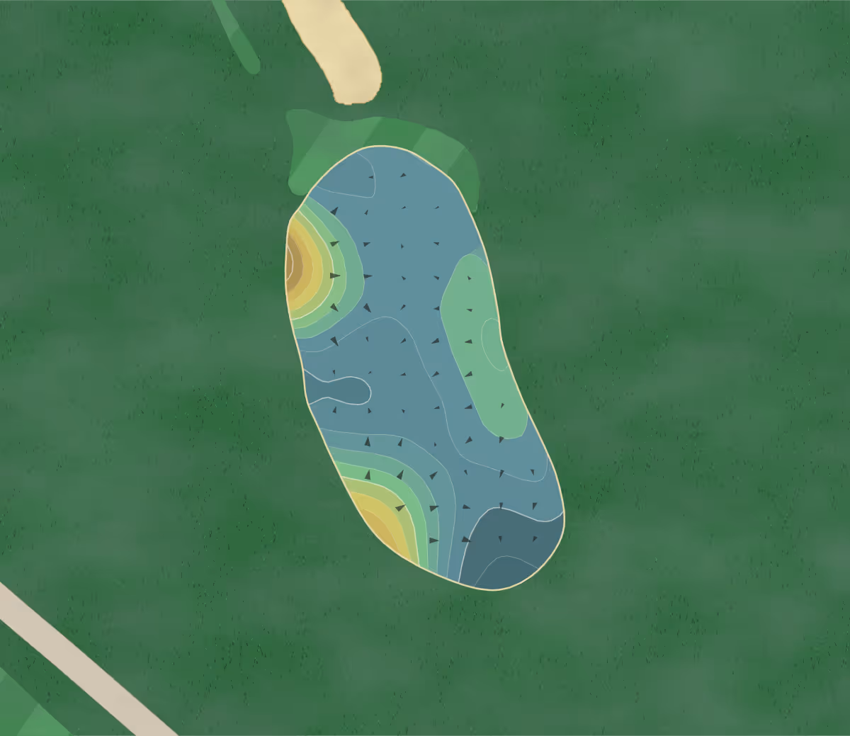 Green contour map of Green Meadow in Alcoa, Tennessee — 188 elevation contours at a 3-inch interval with fall-line arrows, traced from 1-meter lidar