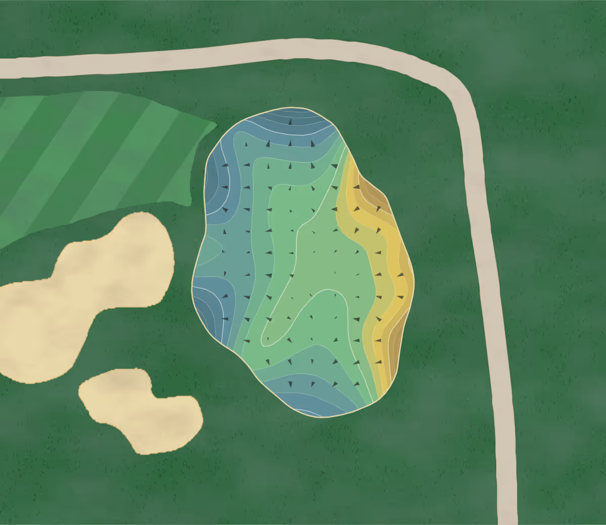 Green contour map of Green Mountain in Killington, Vermont — 258 elevation contours at a 3-inch interval with fall-line arrows, traced from 1-meter lidar