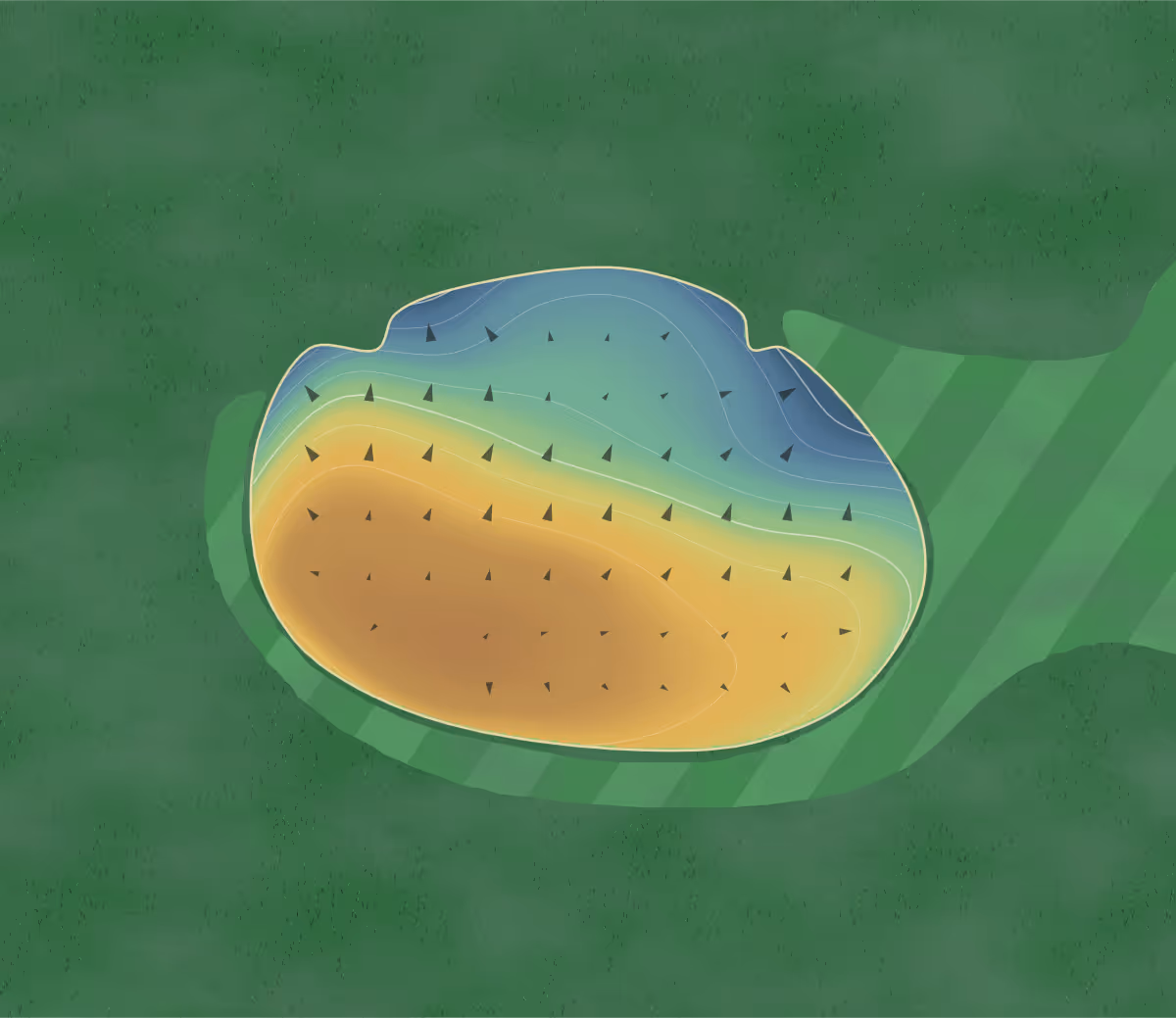 Green contour map of Green Oaks in Columbus, Mississippi: 116 elevation contours at a 3-inch interval with fall-line arrows, traced from 1-meter lidar