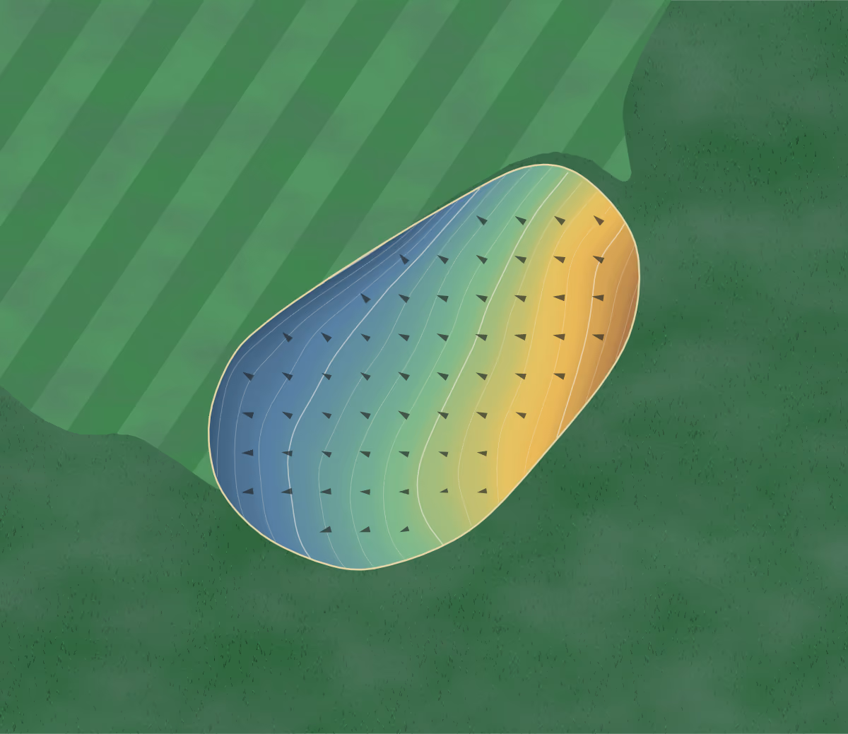 Green contour map of Green Valley in Cartersville, Georgia: 71 elevation contours at a 3-inch interval with fall-line arrows, traced from 1-meter lidar