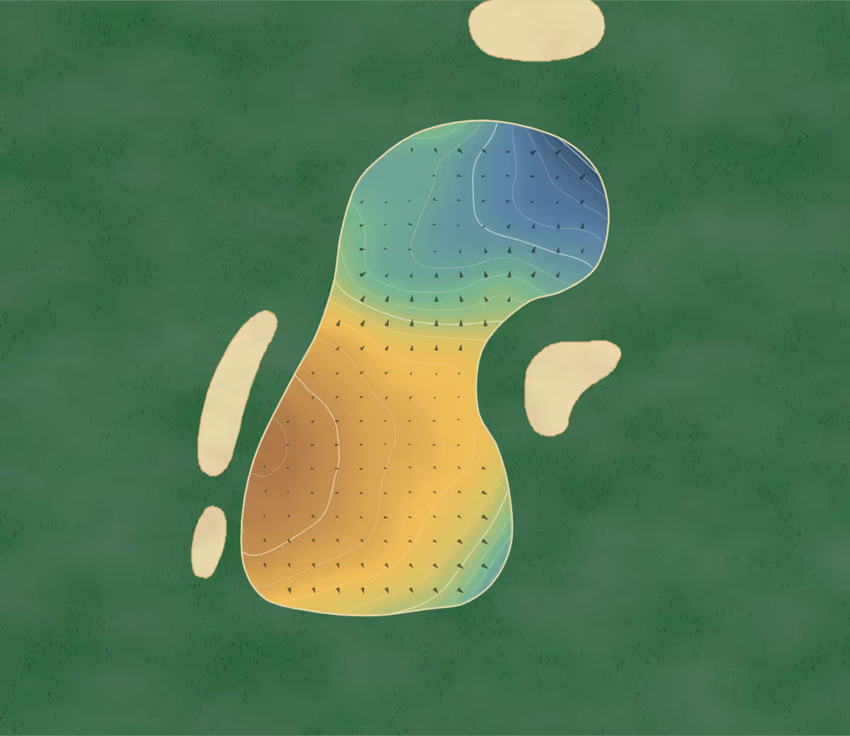Green contour map of Greenacres in Waikanae, New Zealand — 147 elevation contours at a 8-centimeter interval with fall-line arrows, traced from 1-meter lidar