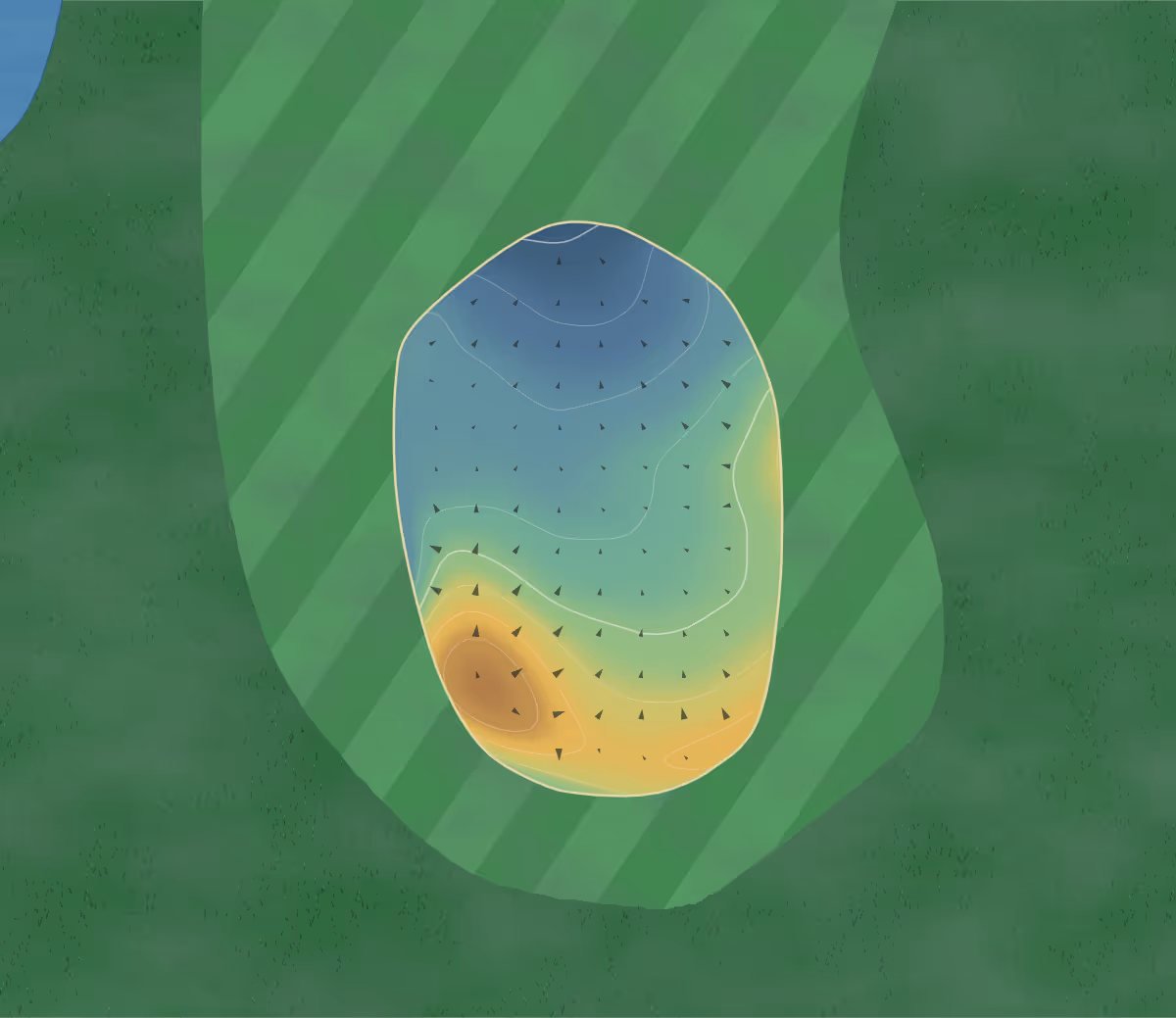 Green contour map of Greenacres in Richmond, Canada: 120 elevation contours at a 8-centimeter interval with fall-line arrows, traced from 1-meter lidar