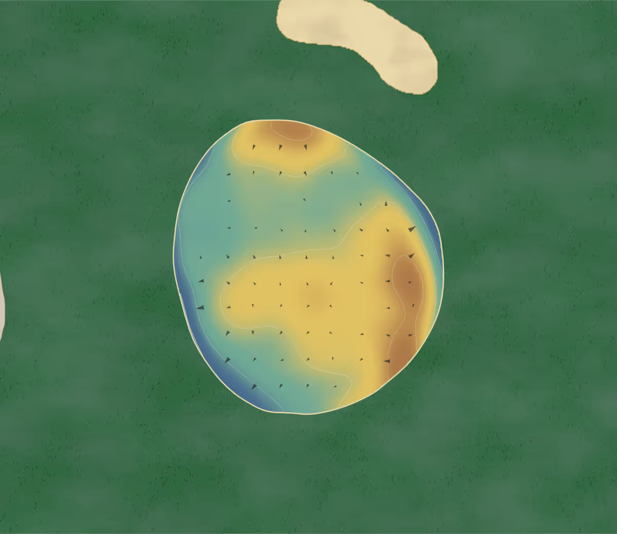 Green contour map of Greenbelt in Columbus, Indiana — 53 elevation contours at a 3-inch interval with fall-line arrows, traced from 1-meter lidar