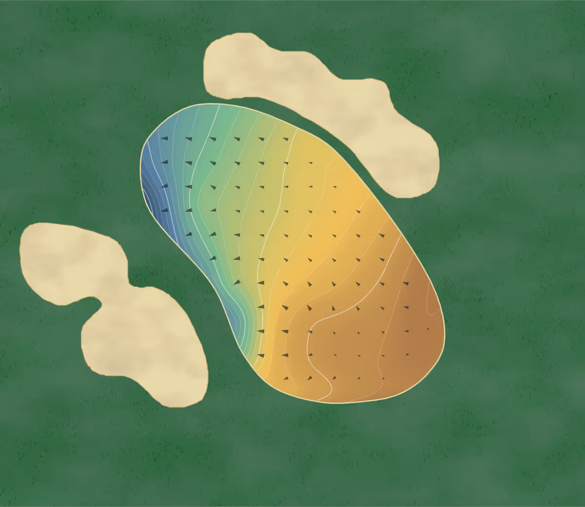 Green contour map of Greenbirds in Mihara, Japan: 212 elevation contours at a 8-centimeter interval with fall-line arrows, traced from 1-meter lidar