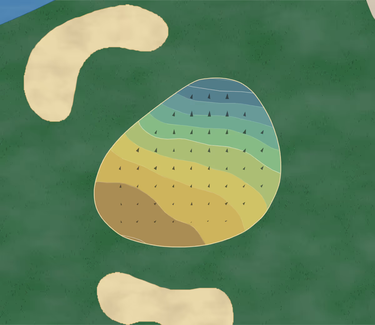 Green contour map of Greenbrier Country Club in Lexington, Kentucky — 18 elevation contours at a 3-inch interval with fall-line arrows, traced from 1-meter lidar