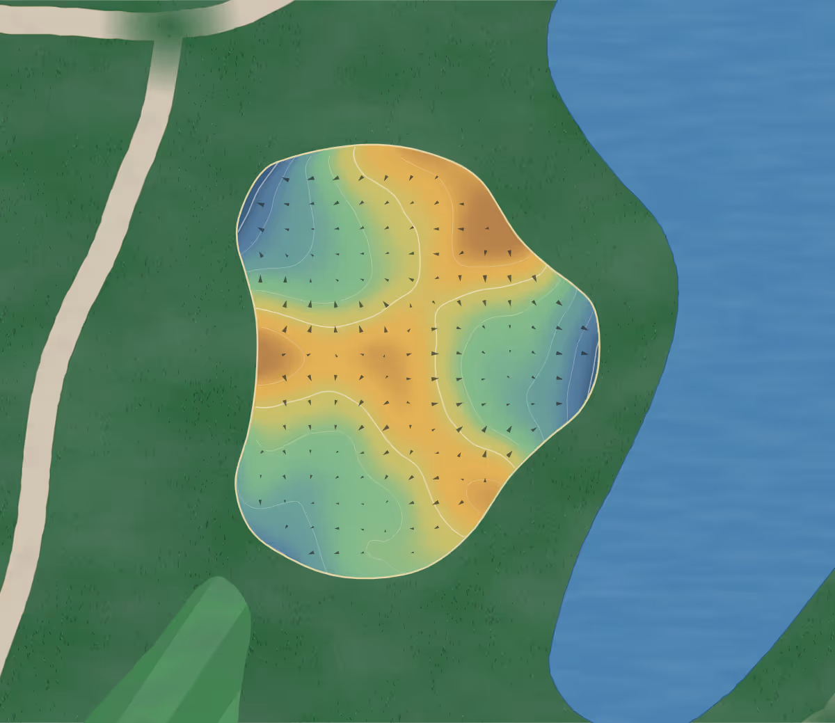 Green contour map of Greenbryre in Saskatoon, Canada — 101 elevation contours at a 8-centimeter interval with fall-line arrows, traced from 1-meter lidar