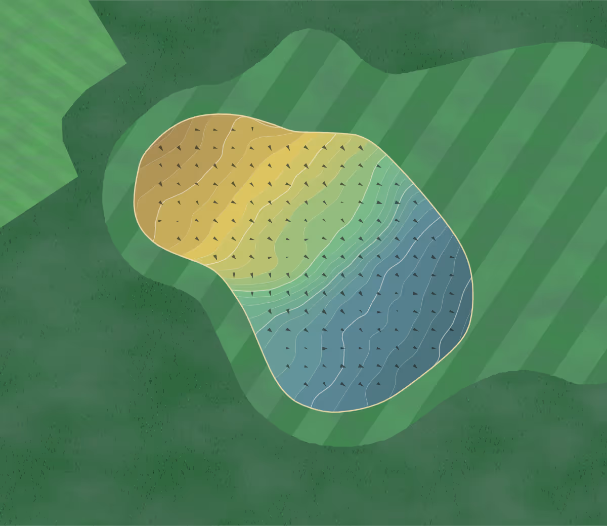 Green contour map of Greenburn in Bathgate, Scotland — 191 elevation contours at a 8-centimeter interval with fall-line arrows, traced from 1-meter lidar
