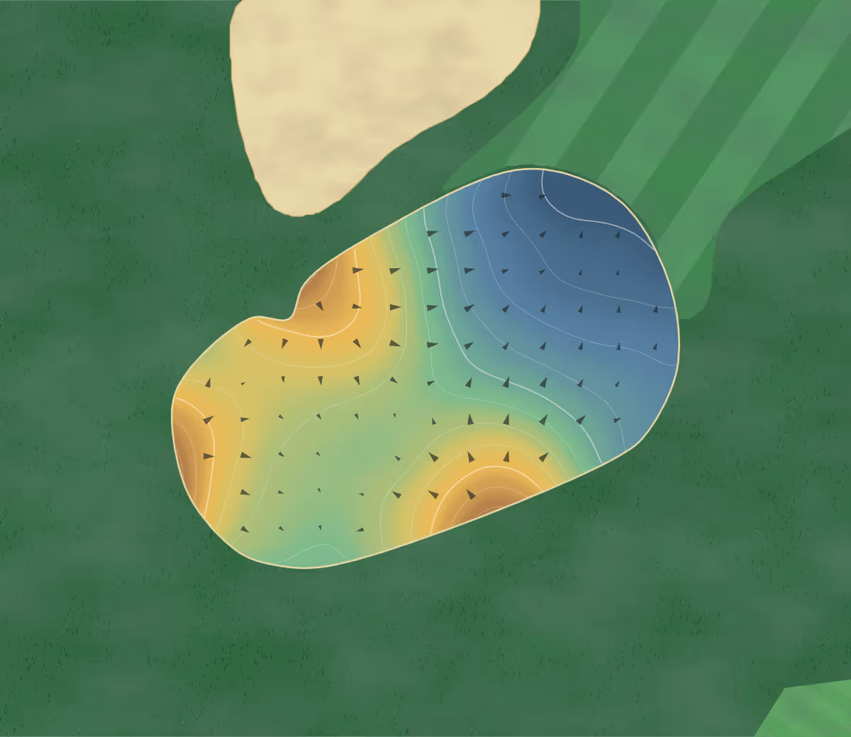 Green contour map of Greenfield in Columbus, Indiana: 149 elevation contours at a 3-inch interval with fall-line arrows, traced from 1-meter lidar