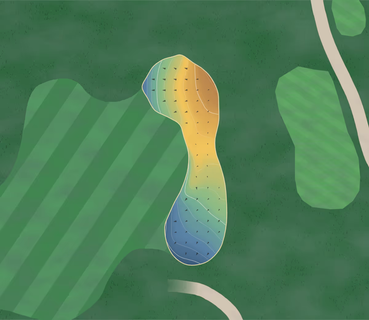 Green contour map of Greenhills in Copetown, Canada — 125 elevation contours at a 8-centimeter interval with fall-line arrows, traced from 1-meter lidar