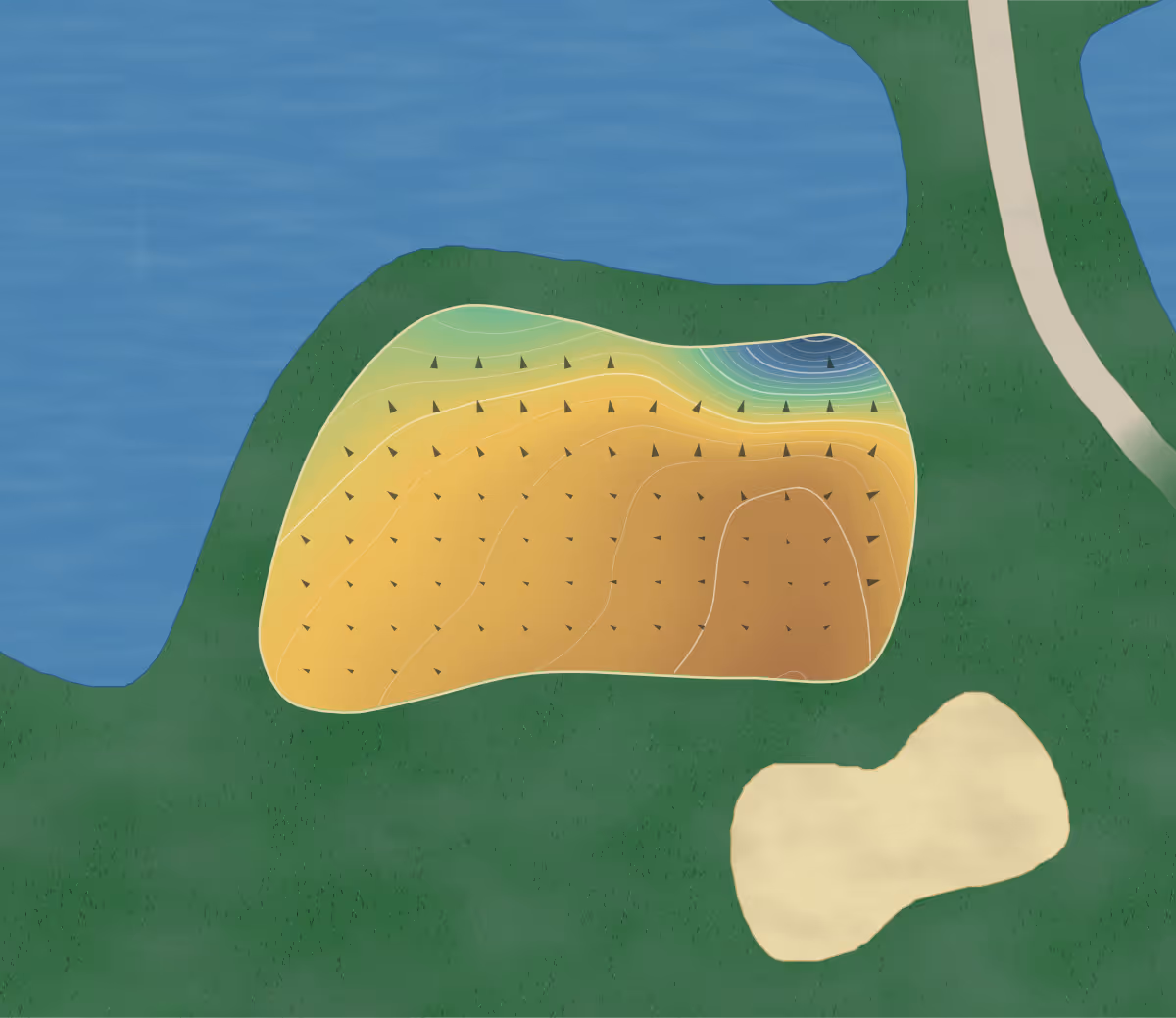 Green contour map of Greenore Golf Club in Dundalk, Ireland — 162 elevation contours at a 8-centimeter interval with fall-line arrows, traced from 1-meter lidar