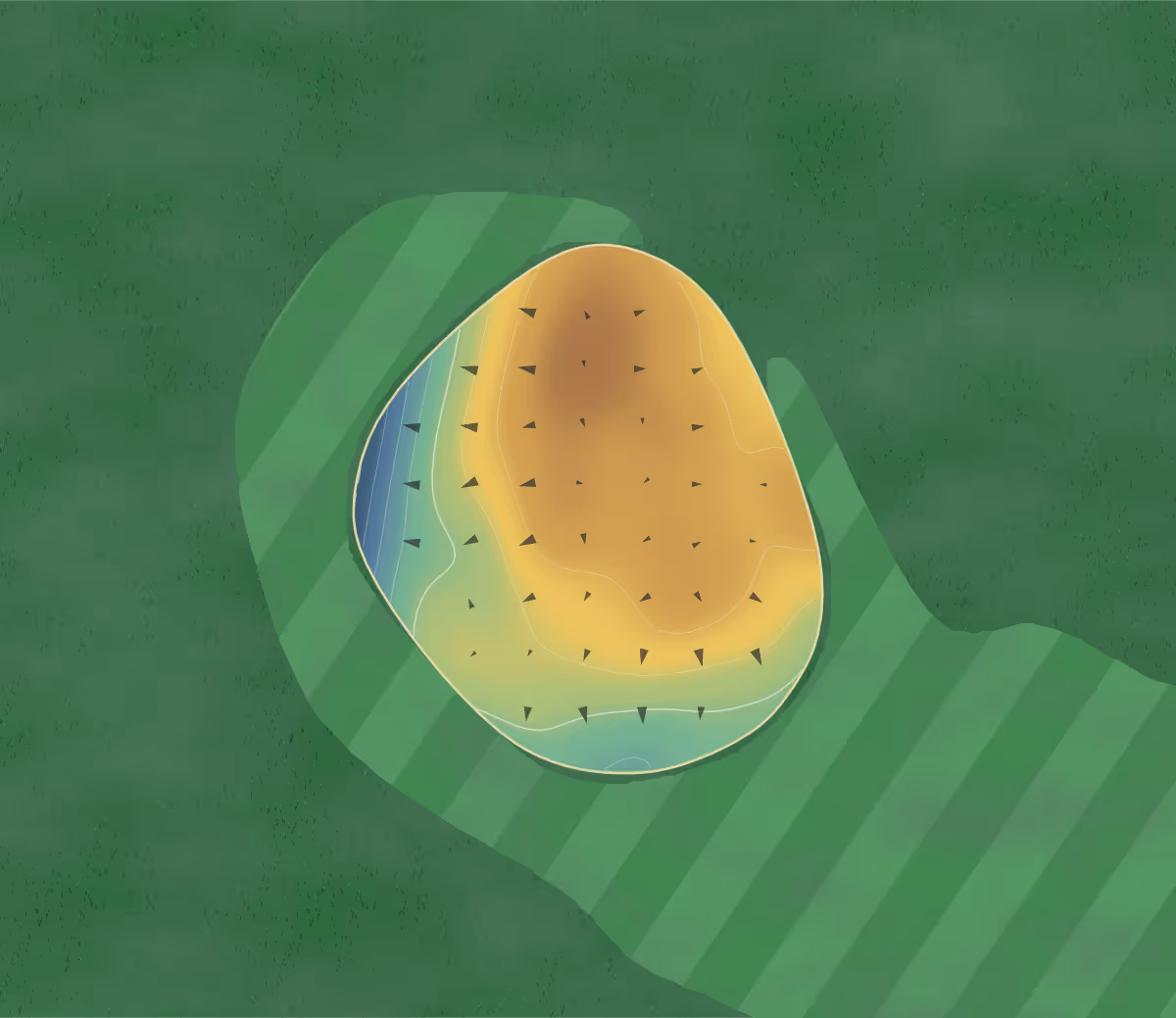 Green contour map of Greens Golf in Burns Flat, Oklahoma: 68 elevation contours at a 3-inch interval with fall-line arrows, traced from 1-meter lidar
