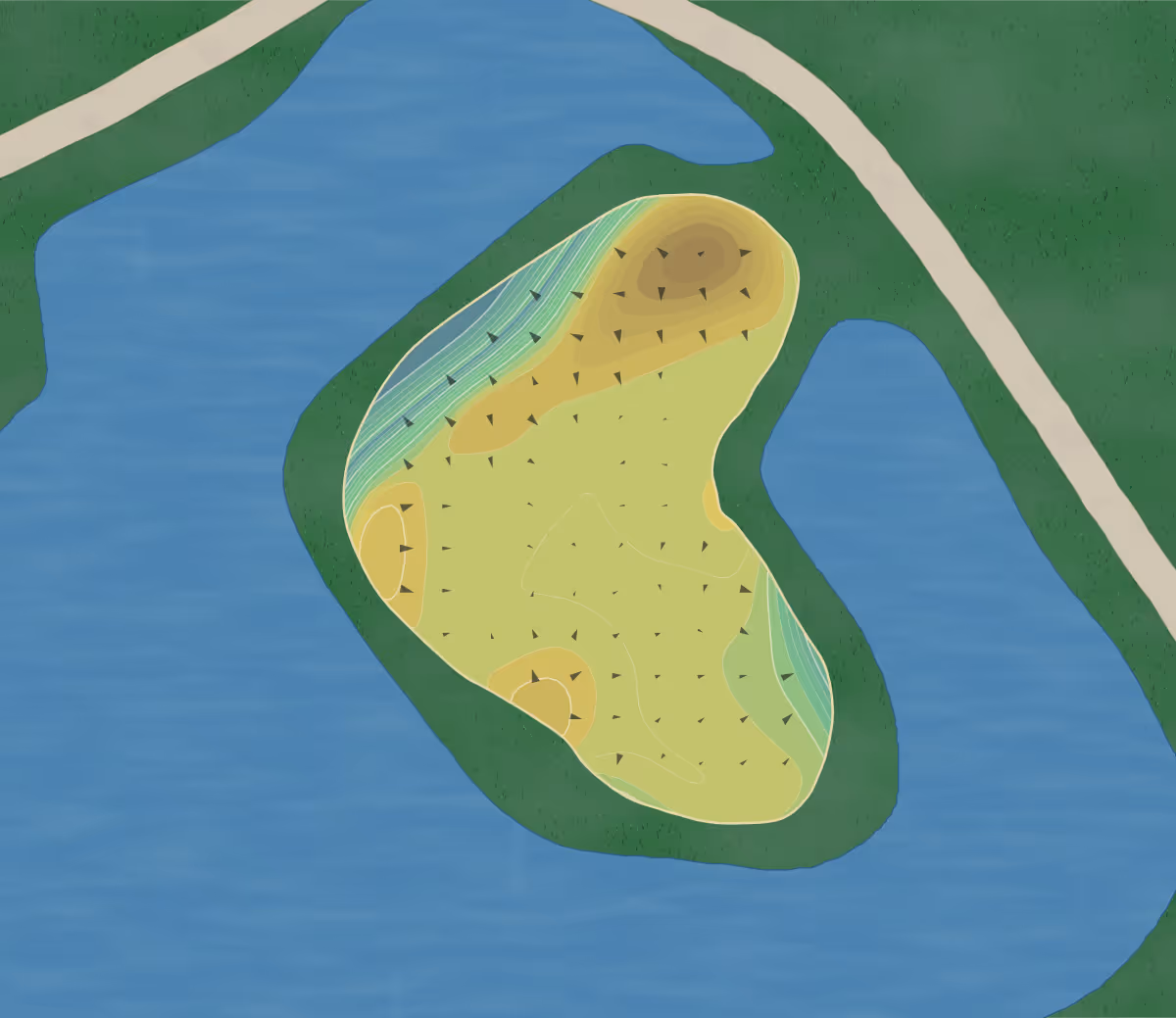 Green contour map of Greenview in Centralia, Illinois — 233 elevation contours at a 3-inch interval with fall-line arrows, traced from 1-meter lidar