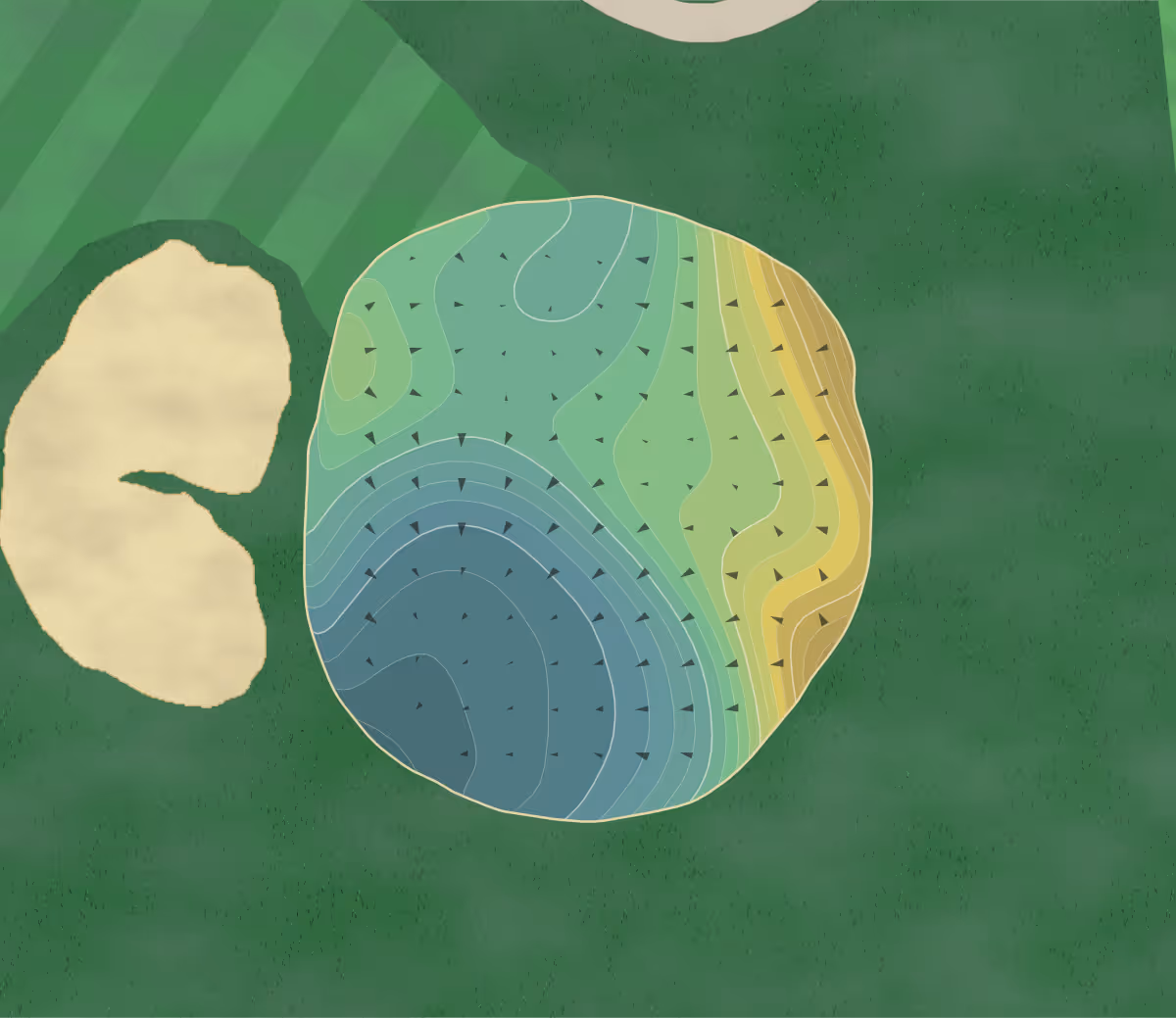 Green contour map of Greenville CC in Greenville, South Carolina — 243 elevation contours at a 3-inch interval with fall-line arrows, traced from 1-meter lidar