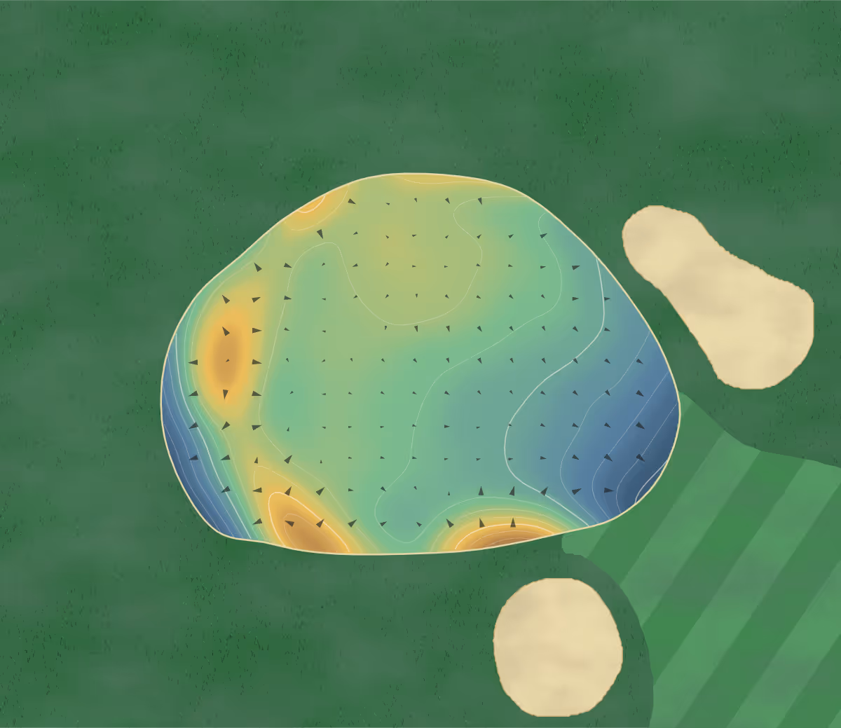 Green contour map of Greenwood GC in Greenwood, Canada: 230 elevation contours at a 8-centimeter interval with fall-line arrows, traced from 1-meter lidar