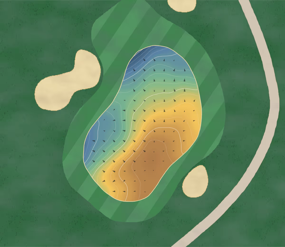 Green contour map of Greensboro National in Summerfield, North Carolina: 209 elevation contours at a 3-inch interval with fall-line arrows, traced from 1-meter lidar