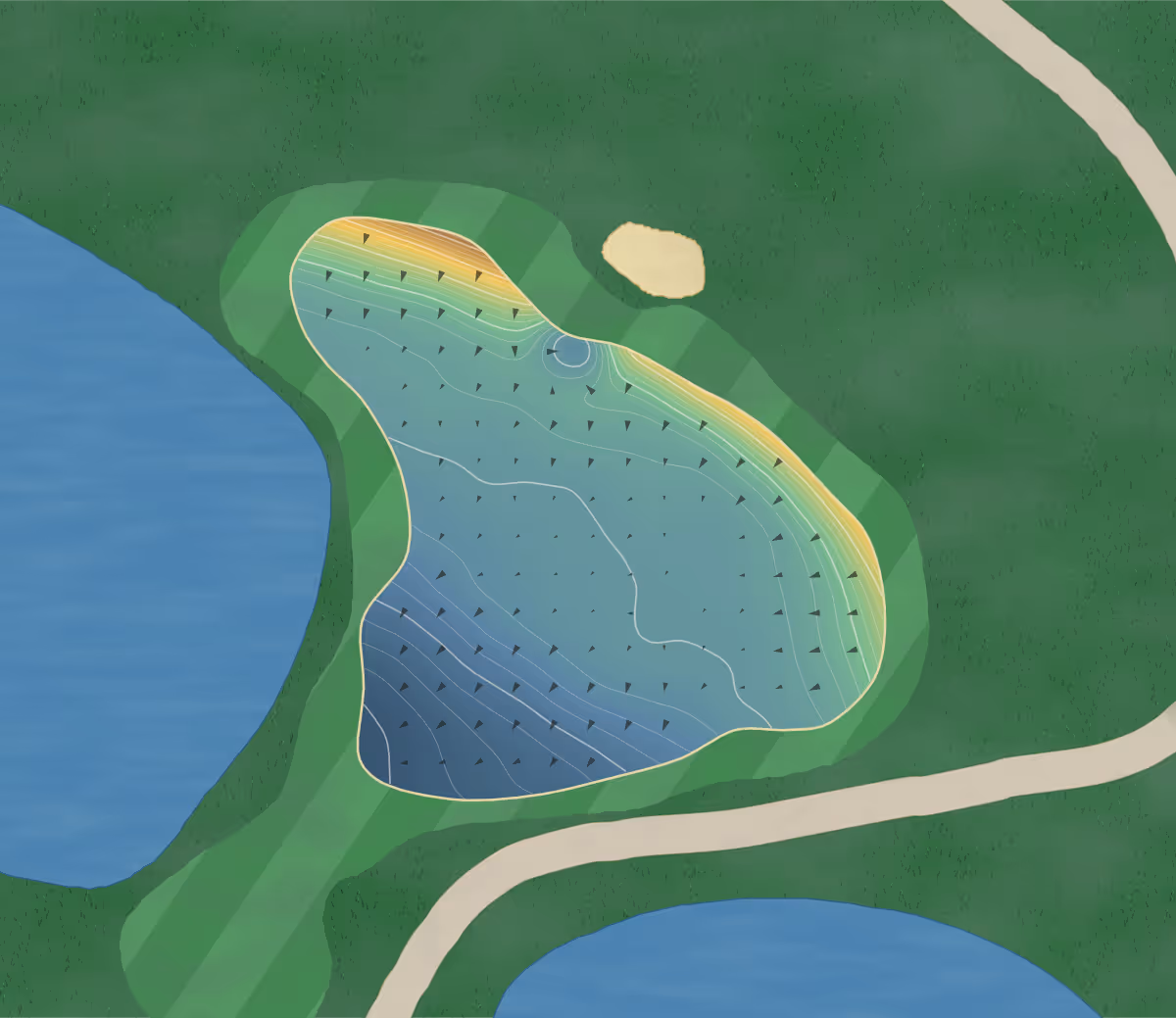 Green contour map of Greetham Valley in Oakham, England: 179 elevation contours at a 8-centimeter interval with fall-line arrows, traced from 1-meter lidar