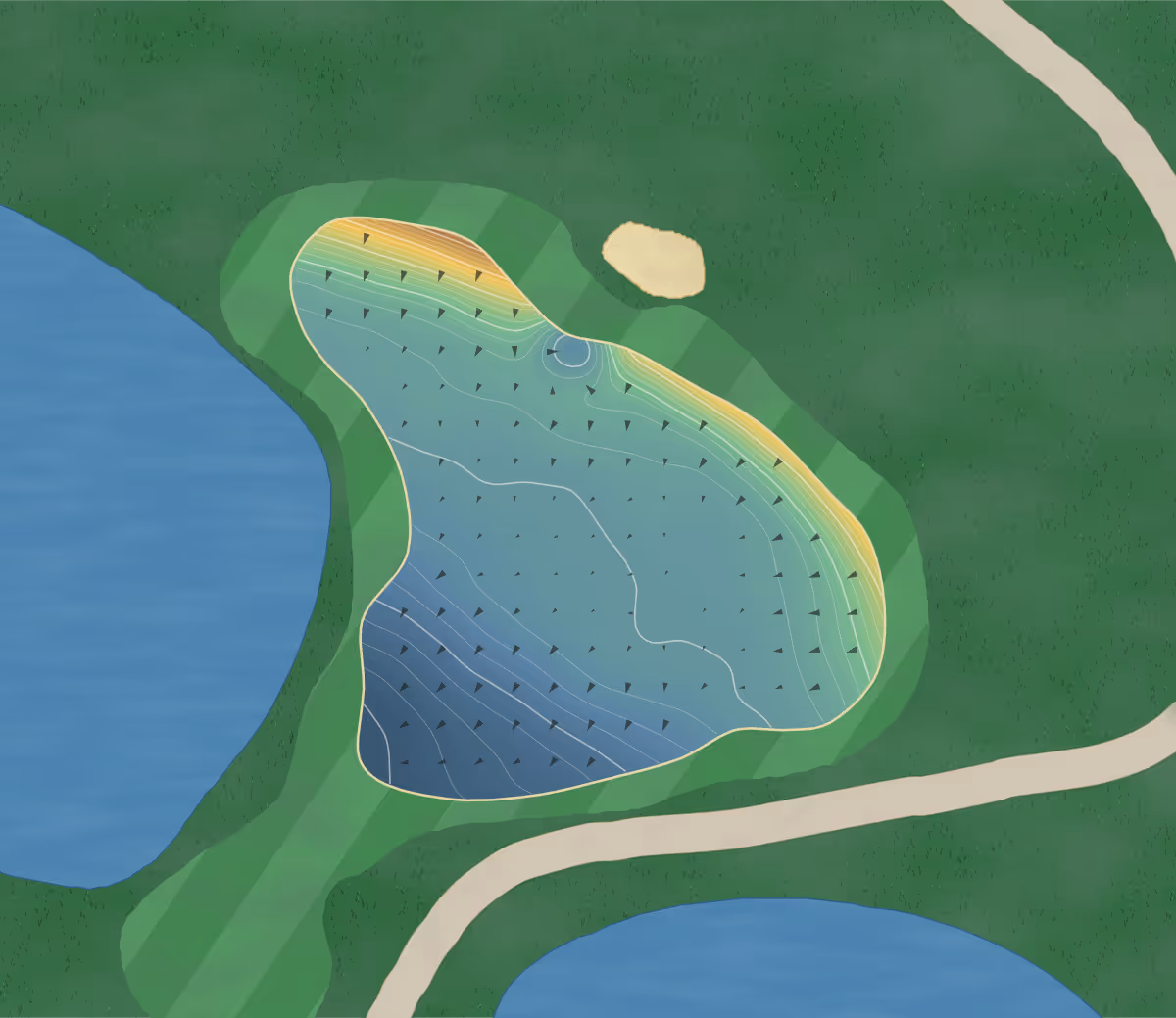 Green contour map of Greetham Valley in Oakham, Rutland, England — 179 elevation contours at a 8-centimeter interval with fall-line arrows, traced from 1-meter lidar