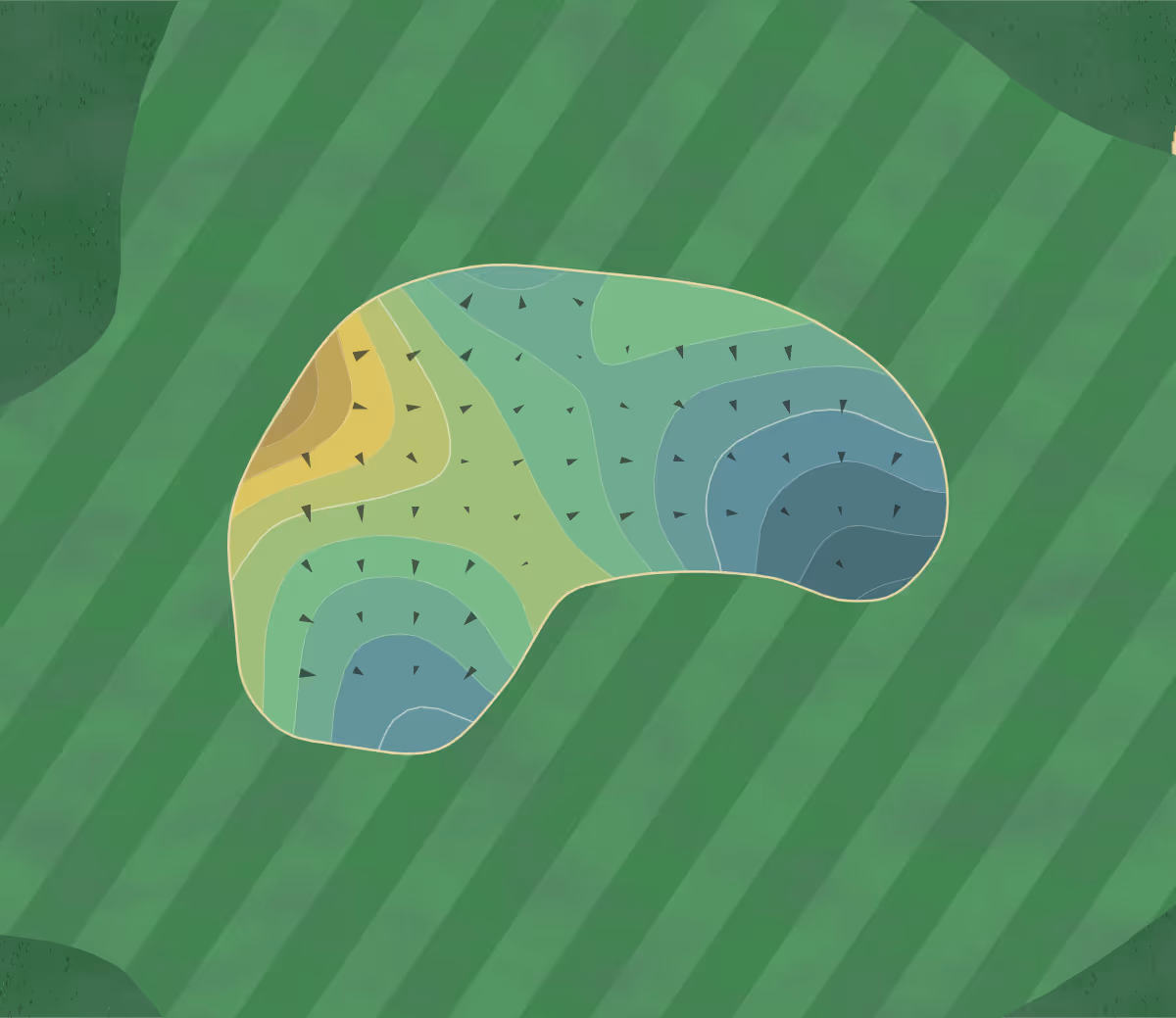 Green contour map of Greg Norman Resort in La Quinta, California — 80 elevation contours at a 3-inch interval with fall-line arrows, traced from 1-meter lidar