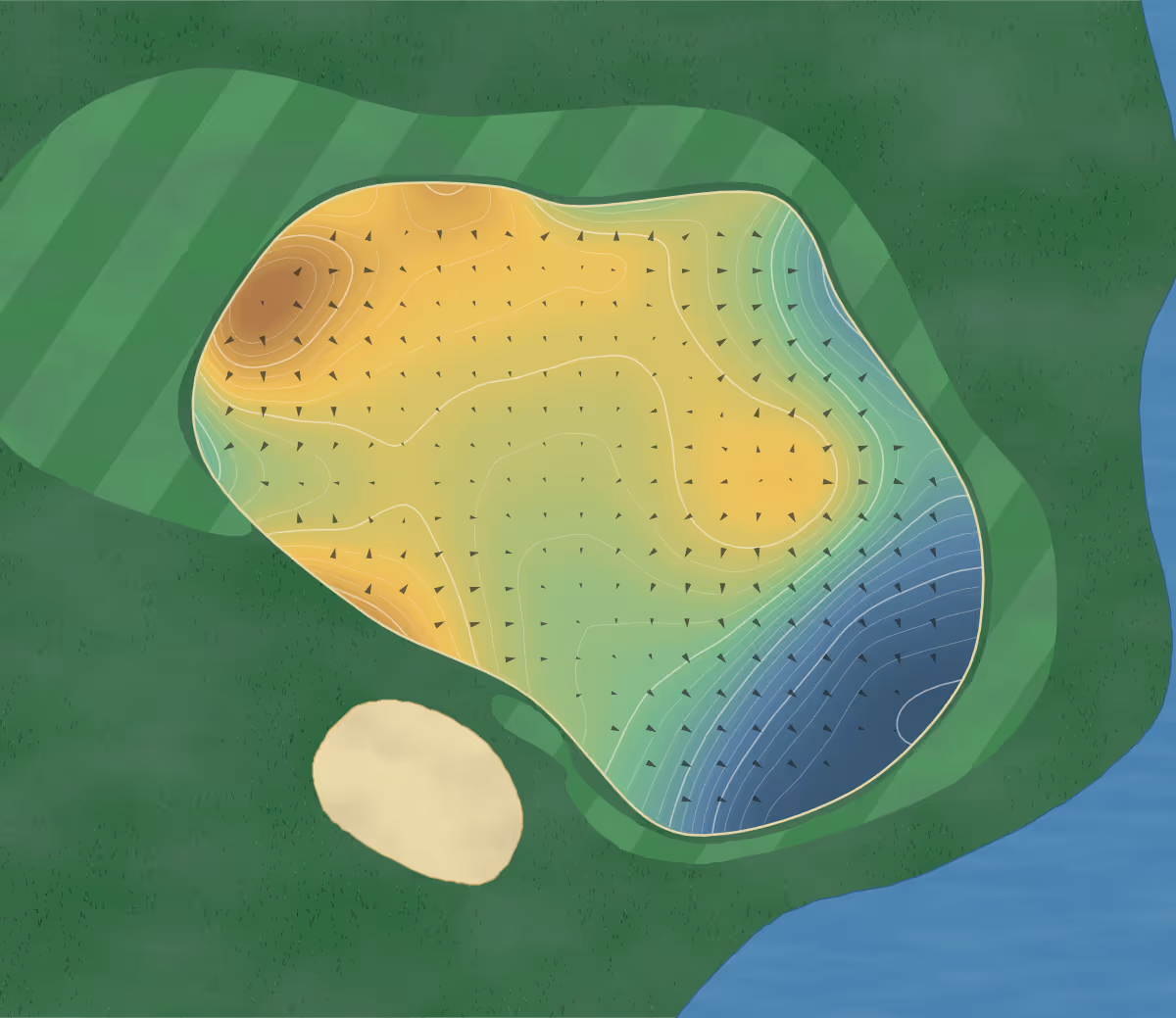 Green contour map of Greyhawk in Carlsbad Springs, Canada: 477 elevation contours at a 8-centimeter interval with fall-line arrows, traced from 1-meter lidar