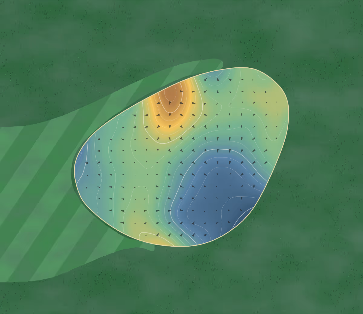 Green contour map of Greys Green in Henley-on-Thames, England: 122 elevation contours at a 8-centimeter interval with fall-line arrows, traced from 1-meter lidar