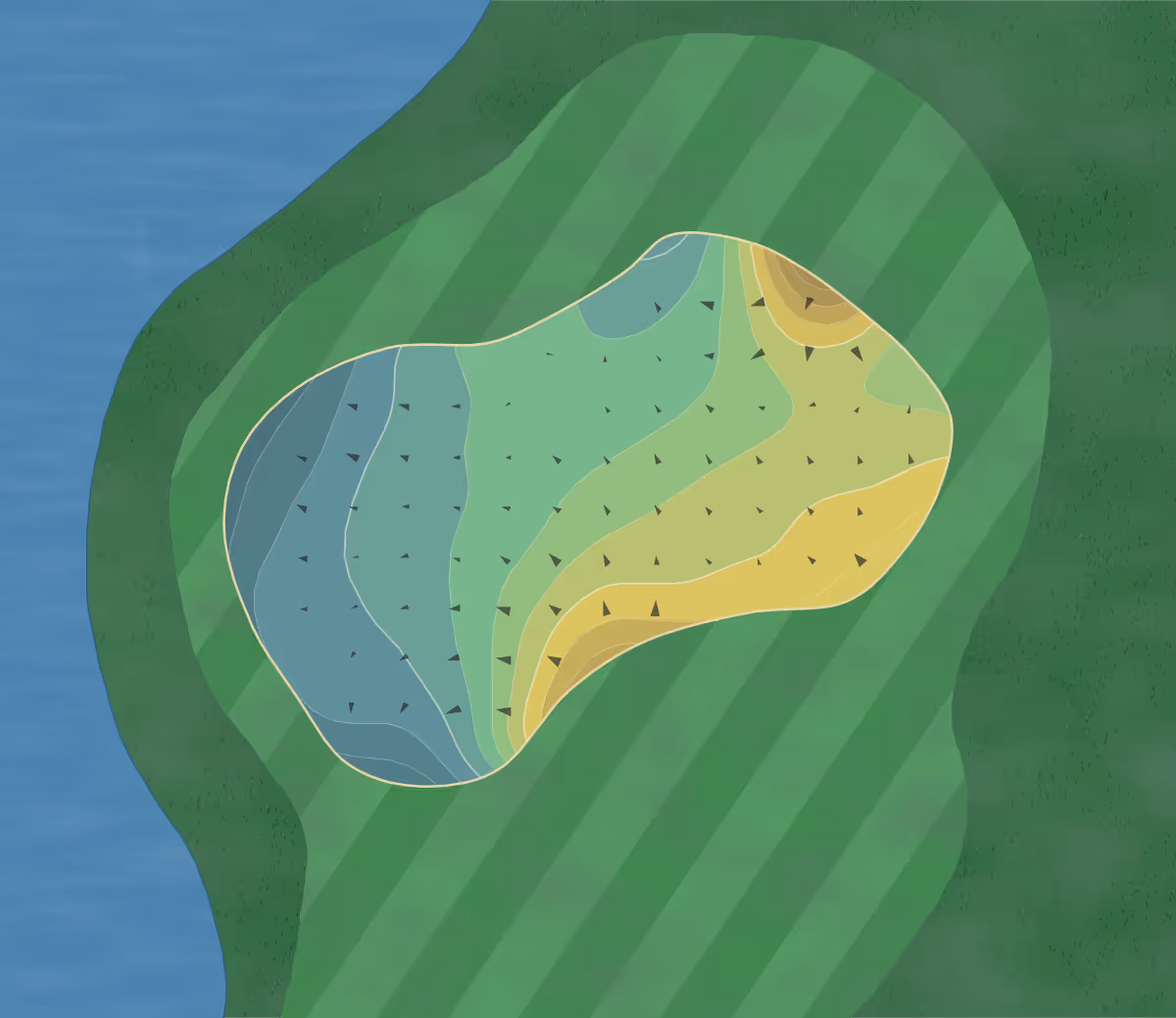 Green contour map of Greystone GC in Dickson, Tennessee — 204 elevation contours at a 3-inch interval with fall-line arrows, traced from 1-meter lidar