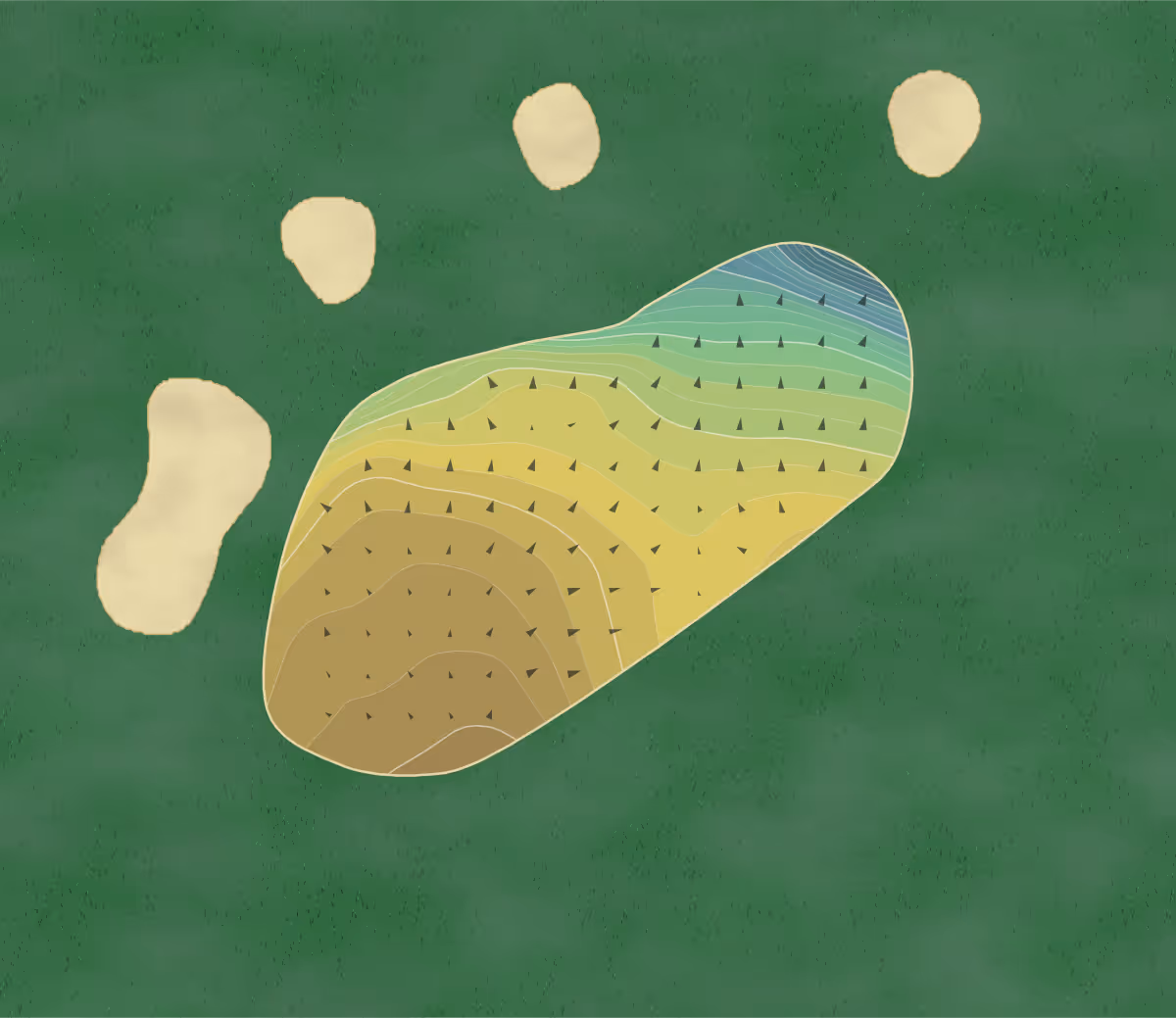 Green contour map of Grimsby GC in Grimsby, England — 201 elevation contours at a 8-centimeter interval with fall-line arrows, traced from 1-meter lidar
