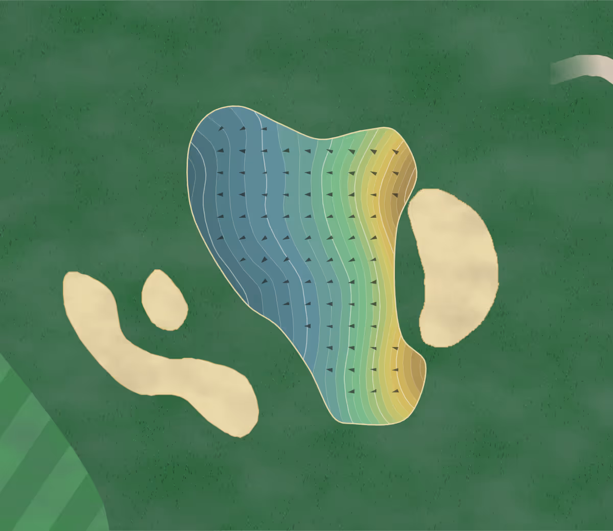 Green contour map of Groesbeck in Lansing, Michigan — 199 elevation contours at a 3-inch interval with fall-line arrows, traced from 1-meter lidar