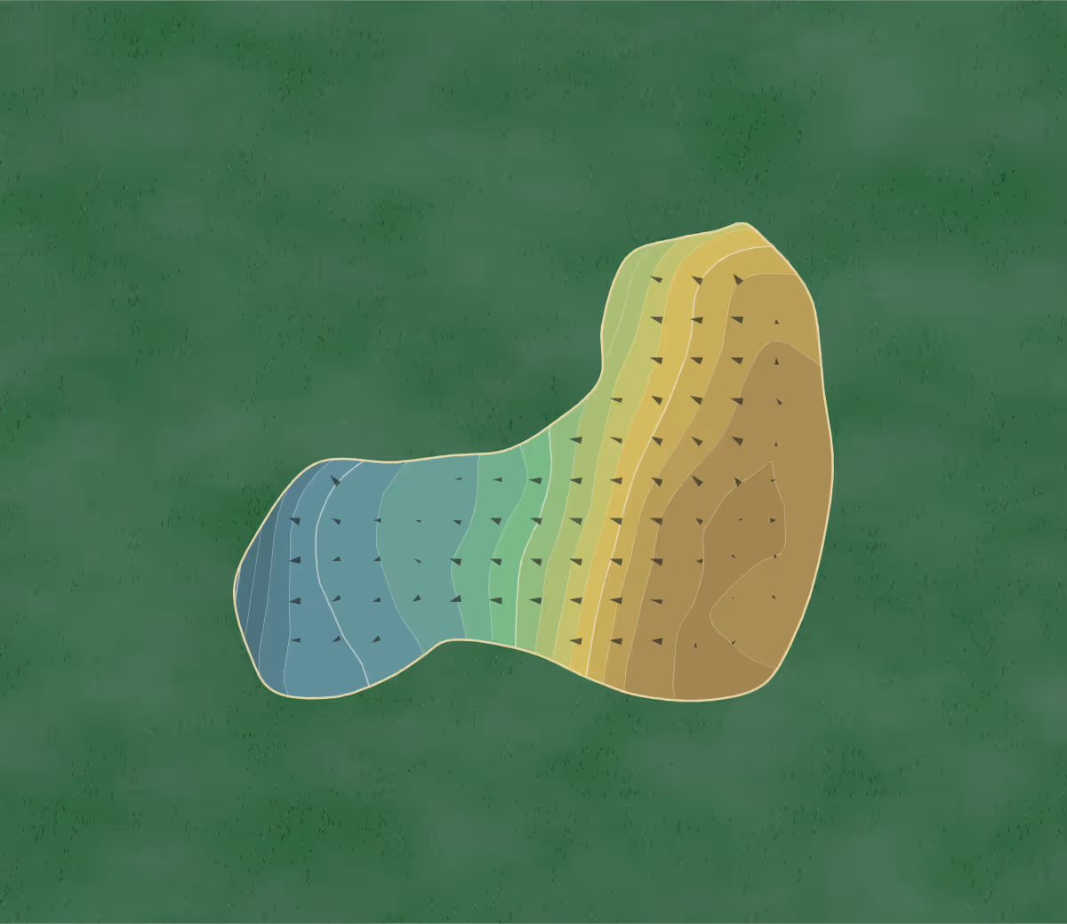 Green contour map of Grove in South Connelly, Wales — 135 elevation contours at a 8-centimeter interval with fall-line arrows, traced from 1-meter lidar
