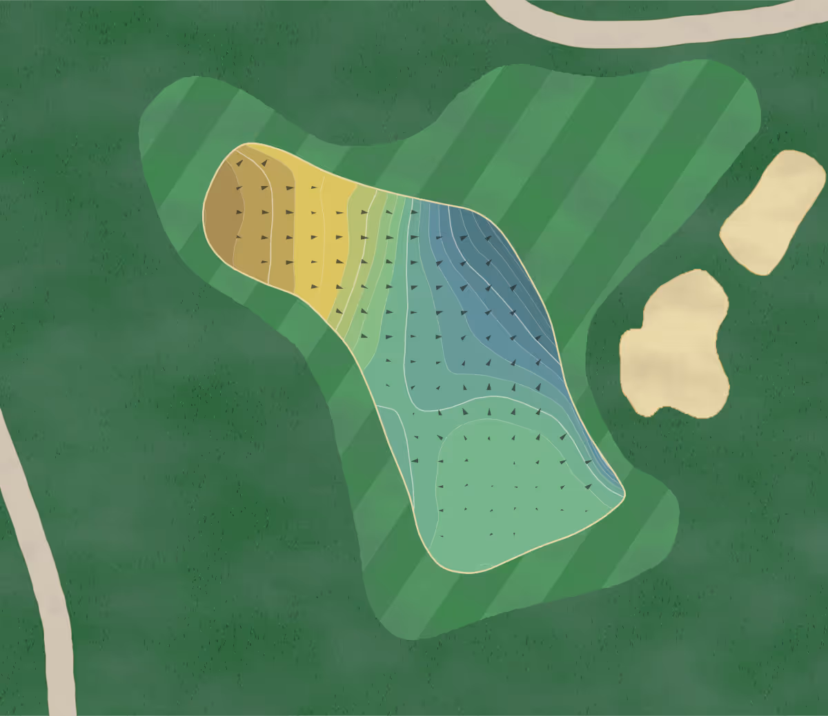 Green contour map of Grove in Watford, England — 401 elevation contours at a 8-centimeter interval with fall-line arrows, traced from 1-meter lidar